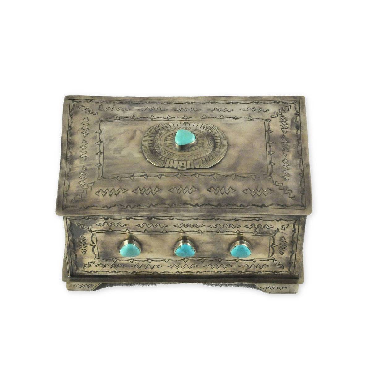 Front view of the Nine Stone Box w/ Turquoise, hand-tooled nickel silver with stamped details and turquoise