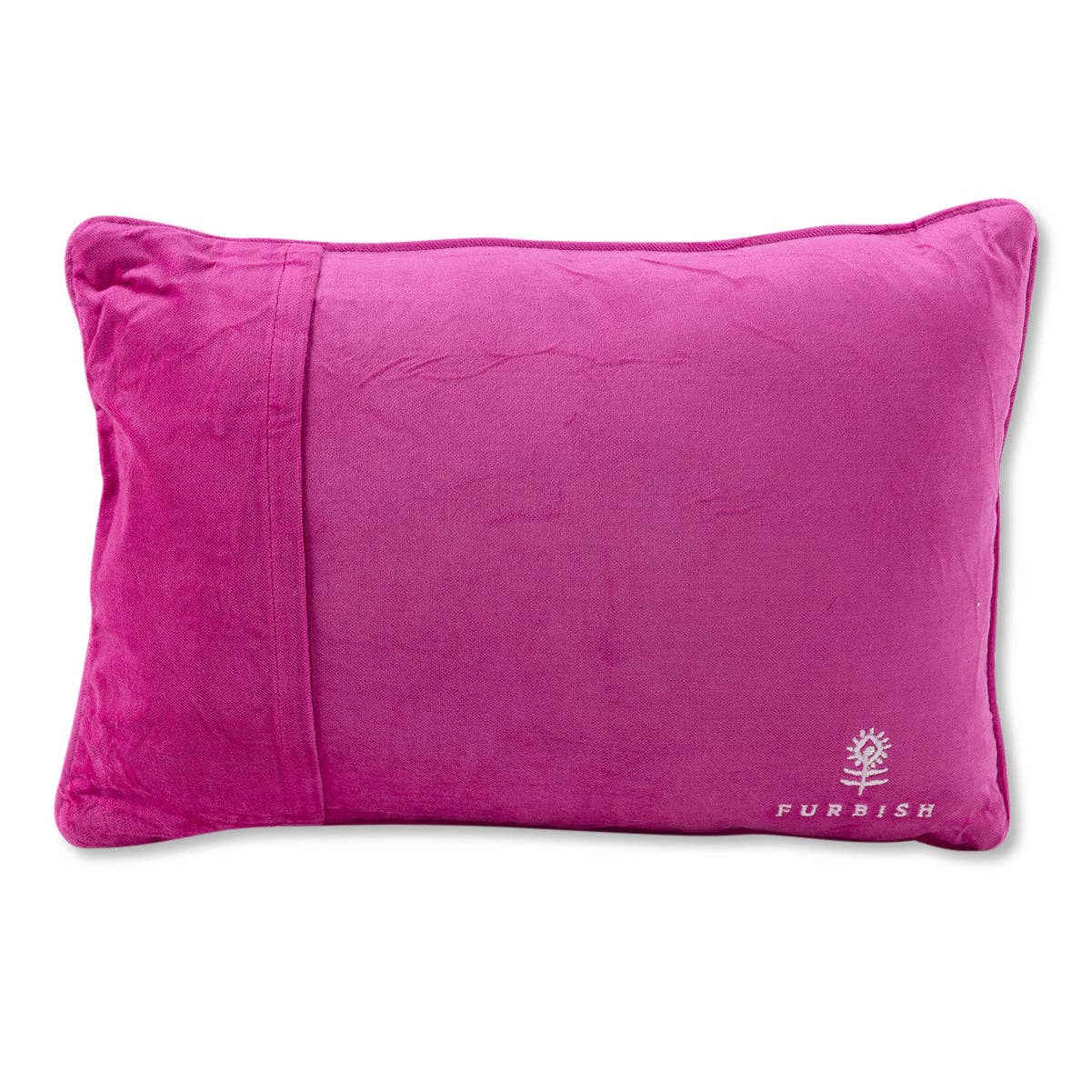 Pink pillow with 'Furbish' branding on a white background.