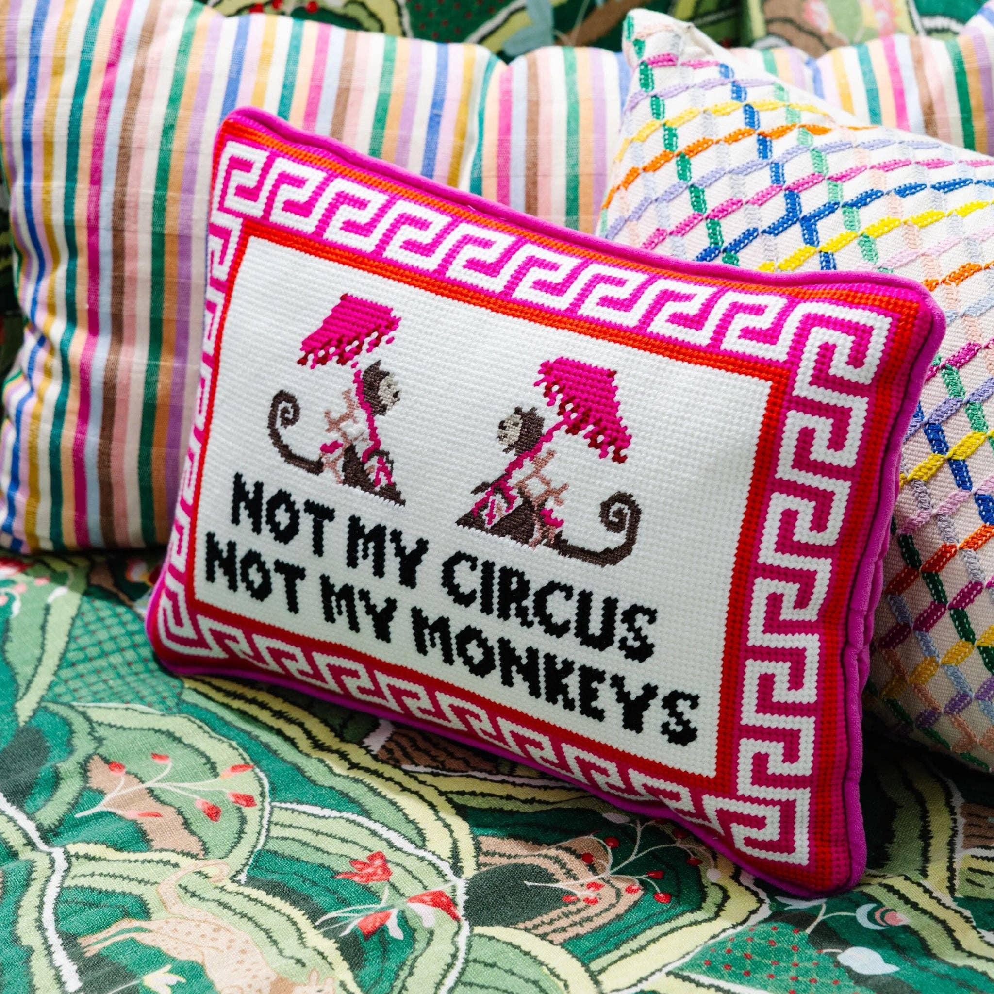 Decorative pillow with 'Not my circus, not my monkeys' emboidered and monkey