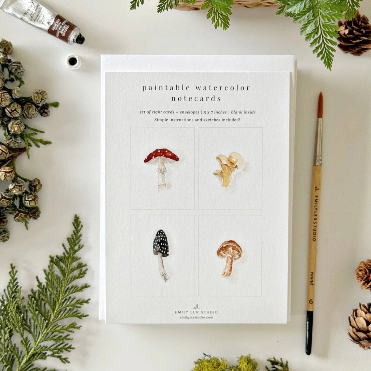 Pack of paintable watercolor notecards with illustrations of mushrooms on a white surface with decorative elements.