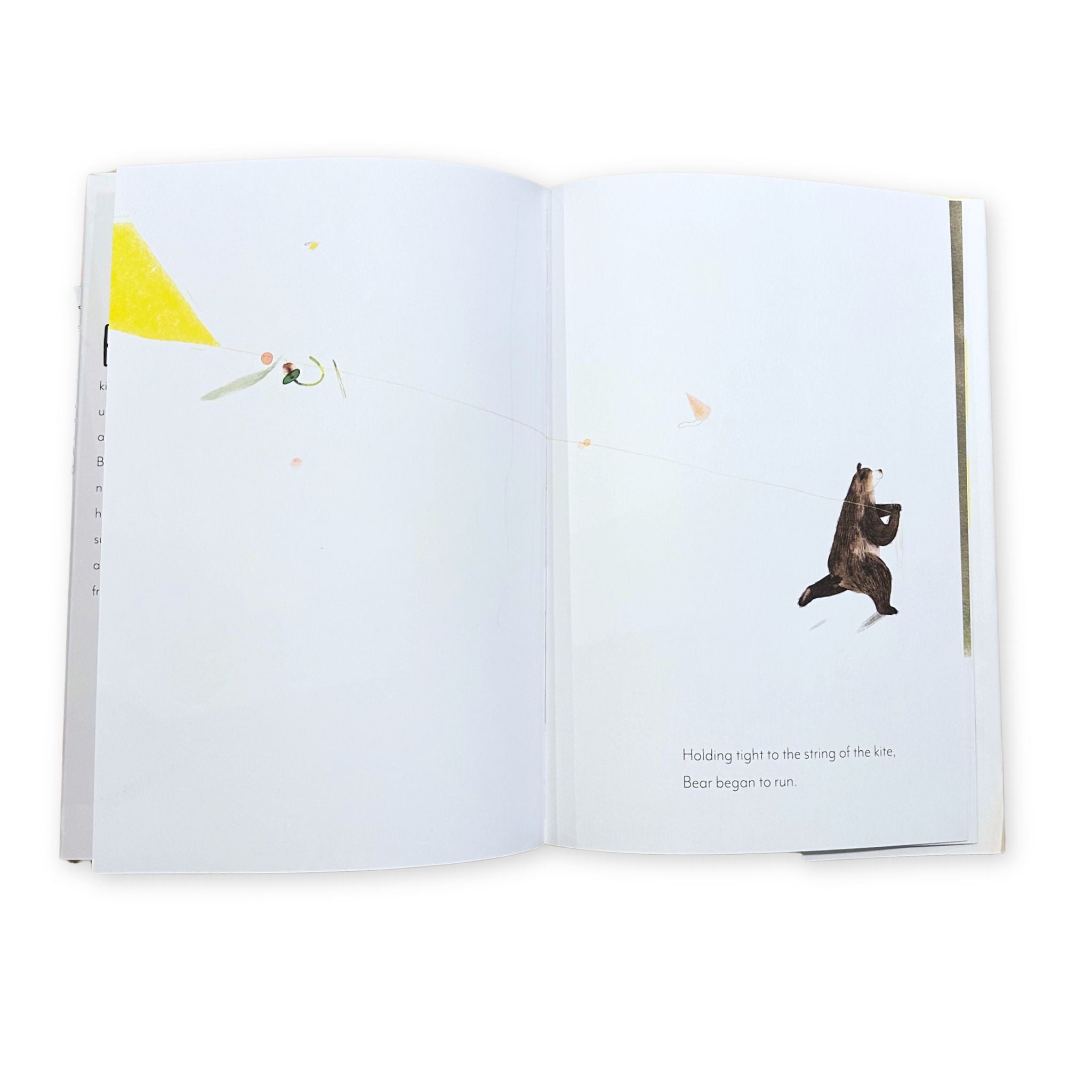 Open book with illustrations of a bear and a yellow kite on a white background