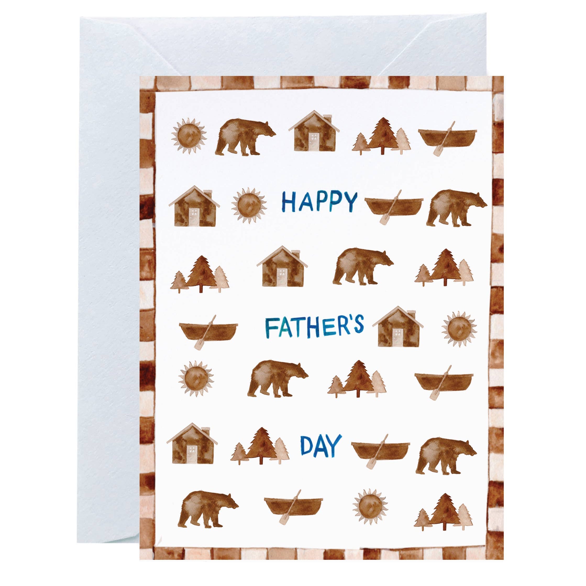 Father's Day card with bears, cabins, and other icons on a striped background