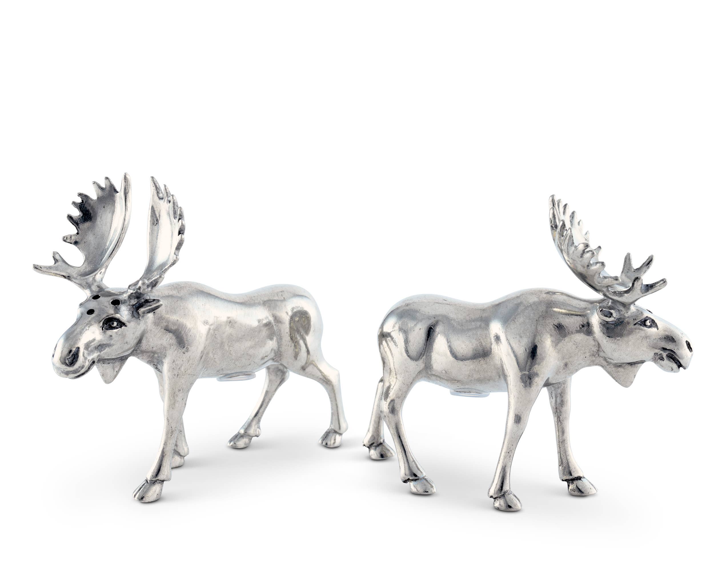 Two silver moose figurines on a white background