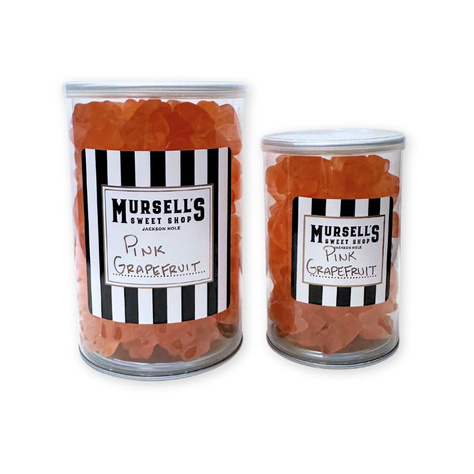 Small and Large jars of pink grapefruit gummi bears from Mursell's Sweet Shop