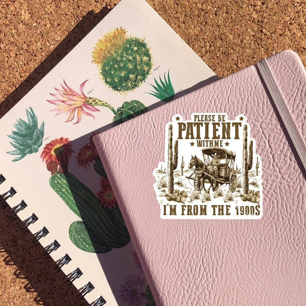 Please Be Patient With Me, I'm From The 1900s Sticker on a pink notebook cover with a cactus print notebook beneath