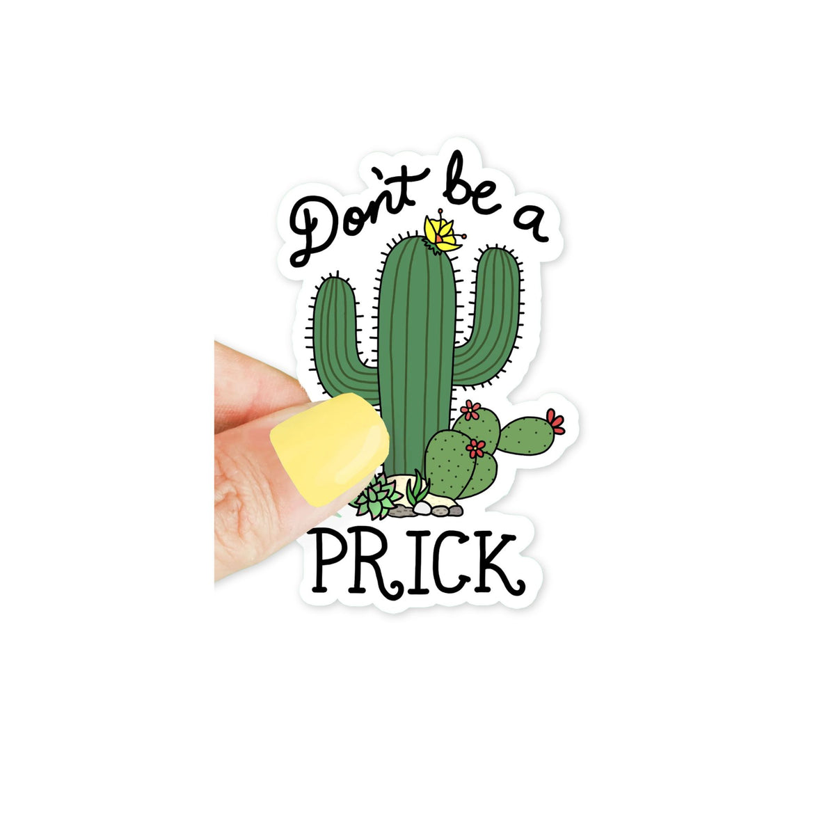 Don't be a Prick Sticker by Turtle's Soup – a water resistant vinyl cactus sticker with a gentle reminder to be kind.