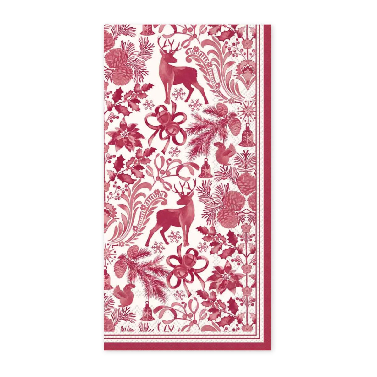 Red and white holiday guest towel featuring deer, pinecones, holly, bells and snowflakes.