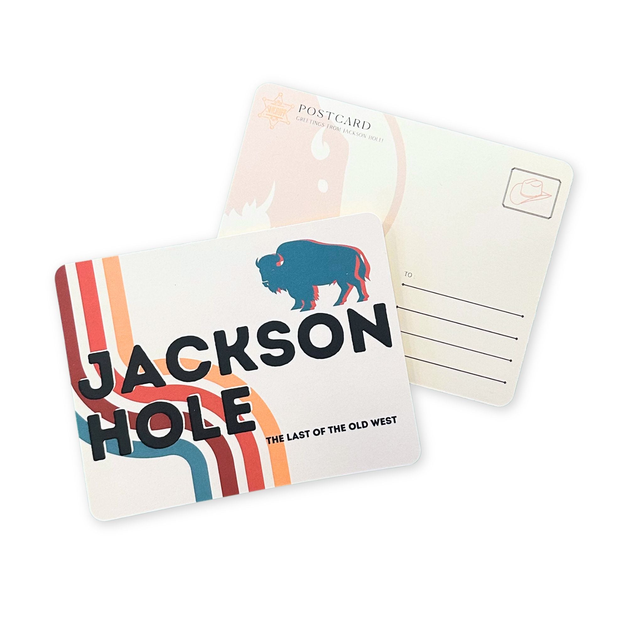 Postcard with 'Jackson Hole' design featuring a buffalo illustration on a white background
