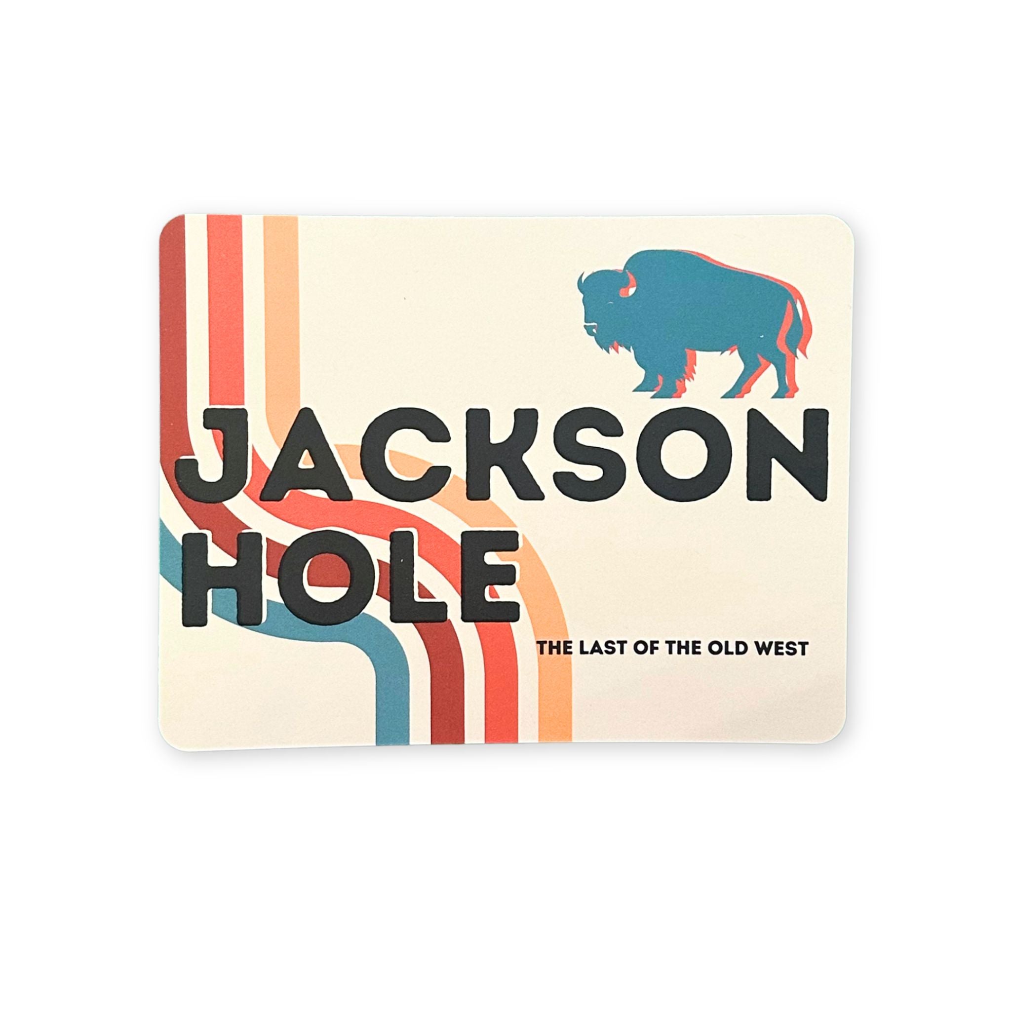 Postcard with retro colored lines and a buffalo illustration. Text stating "Jackson Hole, The Last Of The Old West"