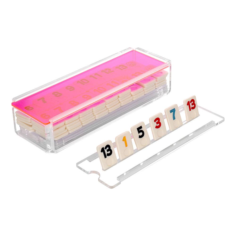 Set of number tiles with a pink storage box.