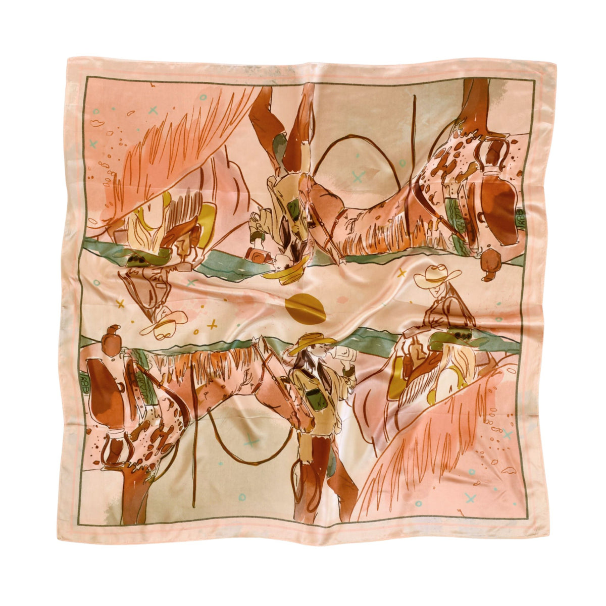 September Ride Cowgirl Wild Rag silk scarf by Tirzah Lane, riders sharing a drink after a long ride in dusky fall colors