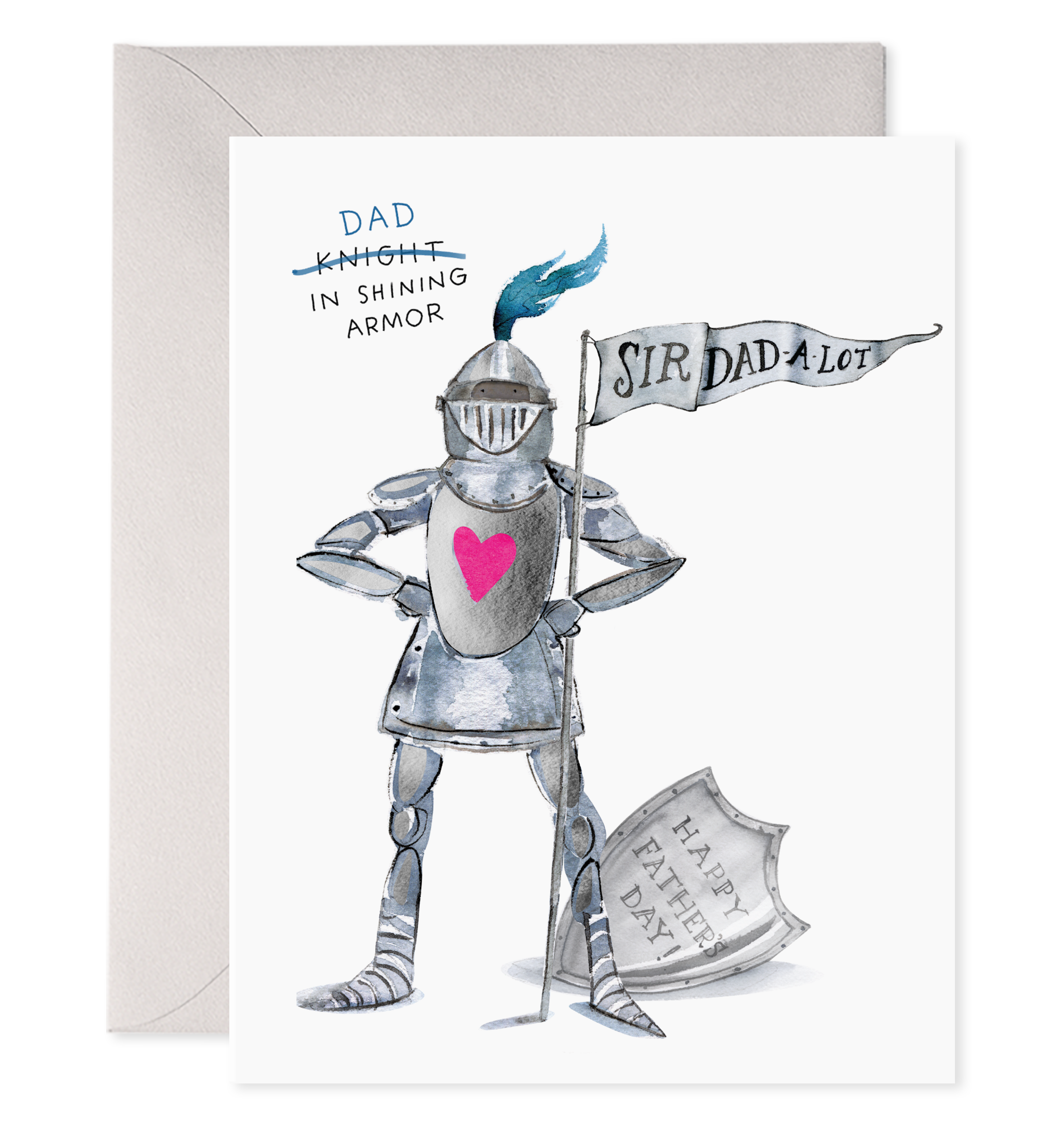 Father's Day card with a knight in shining armor holding a banner and heart, with text 'Dad, Knight in Shining Armor' and 'Sir Dad a Lot'.