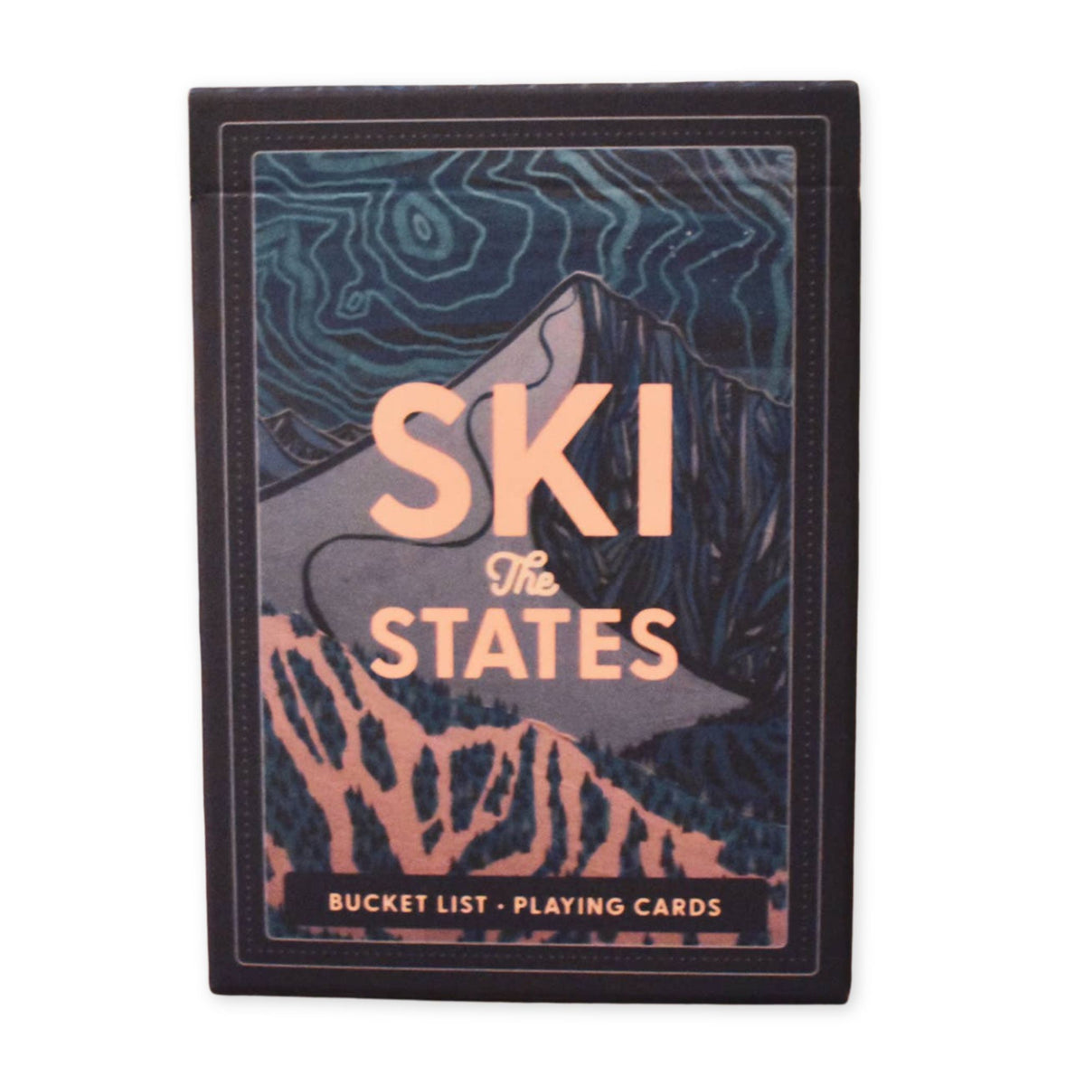 The States: Ski Bucket List Playing Cards deck box, featuring a dark blue and black topographic mountain design with peach-colored text and border details, set against a plain white background.