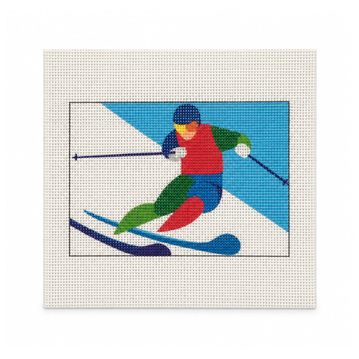 A square needlepoint canvas featuring a stylized skier in a red, green, and blue outfit on a white and blue geometric background, set against a clean white backdrop.
