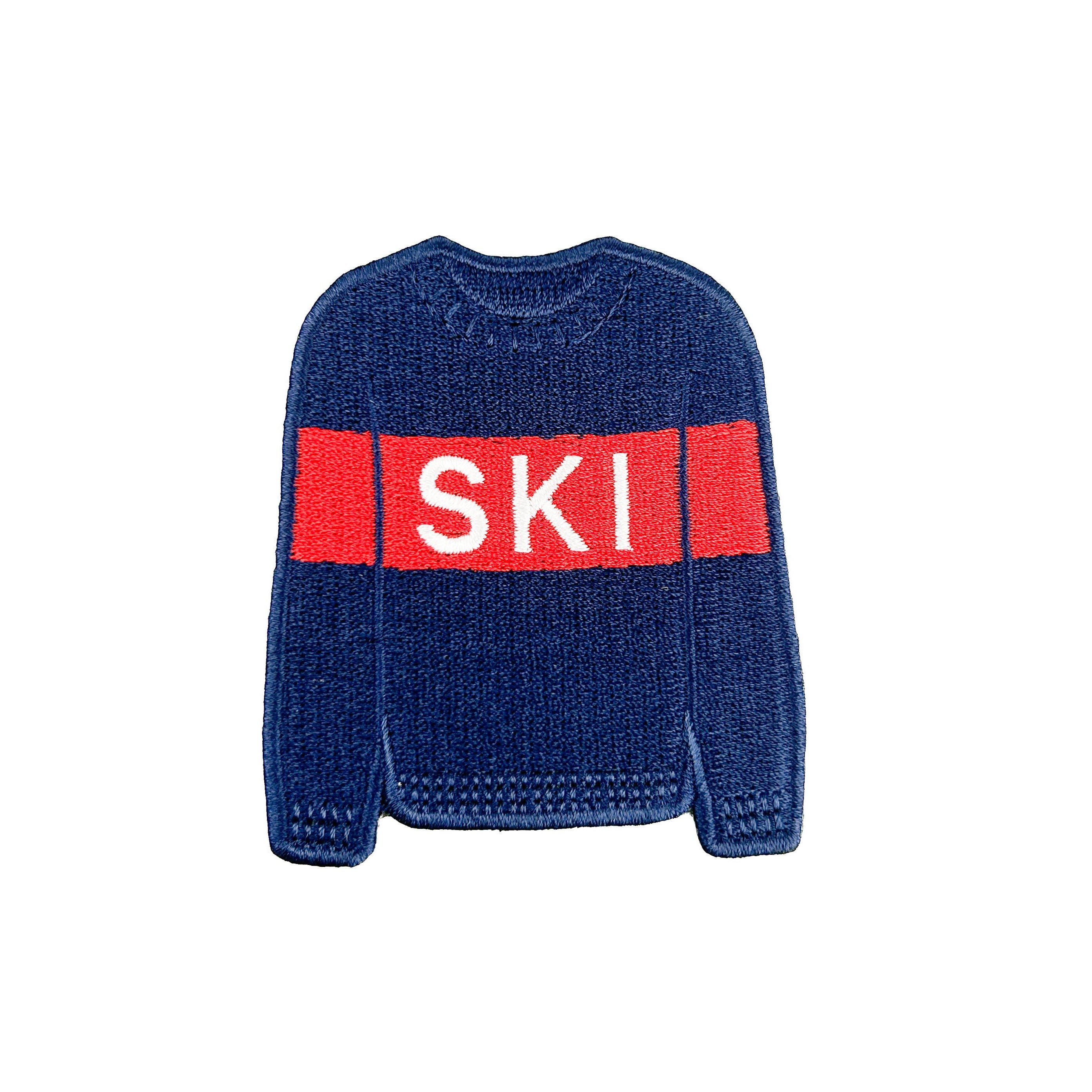Embroidered iron on patch of a Blue sweater with a red band displaying the word 'SKI'.