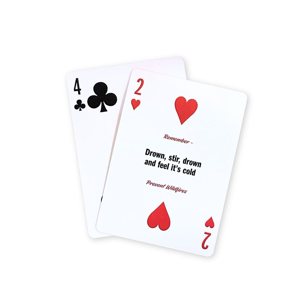 Sample of the Smokey bear playing cards with text over one telling viewer how to prevent a wildfire.