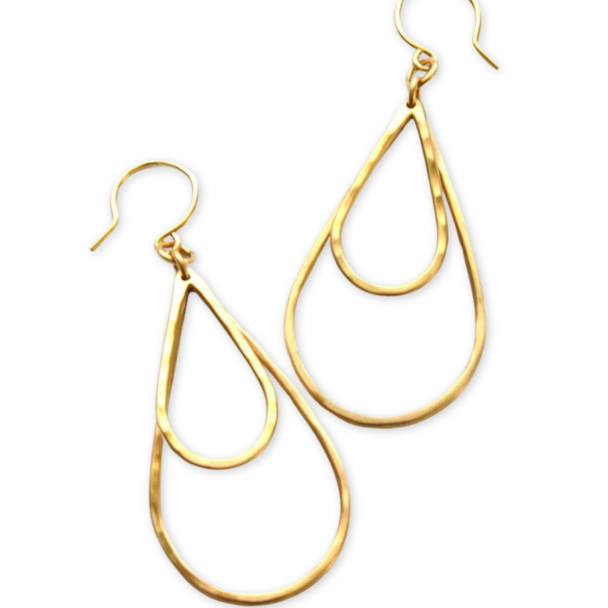 earrings featuring two hammered hanging tear drop shaped pendants