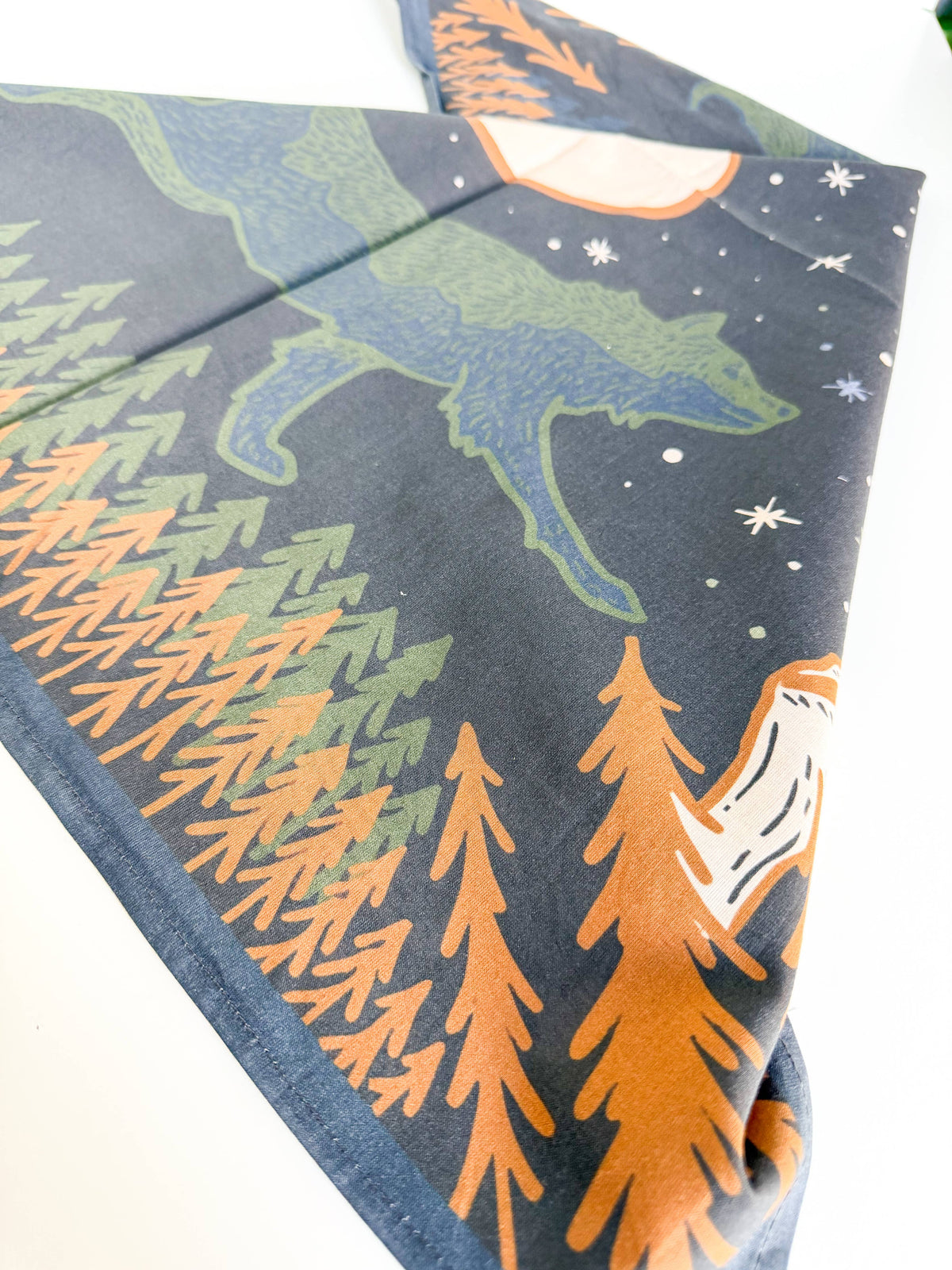 Solstice Night Bandana zoomed in on the Running Wolf