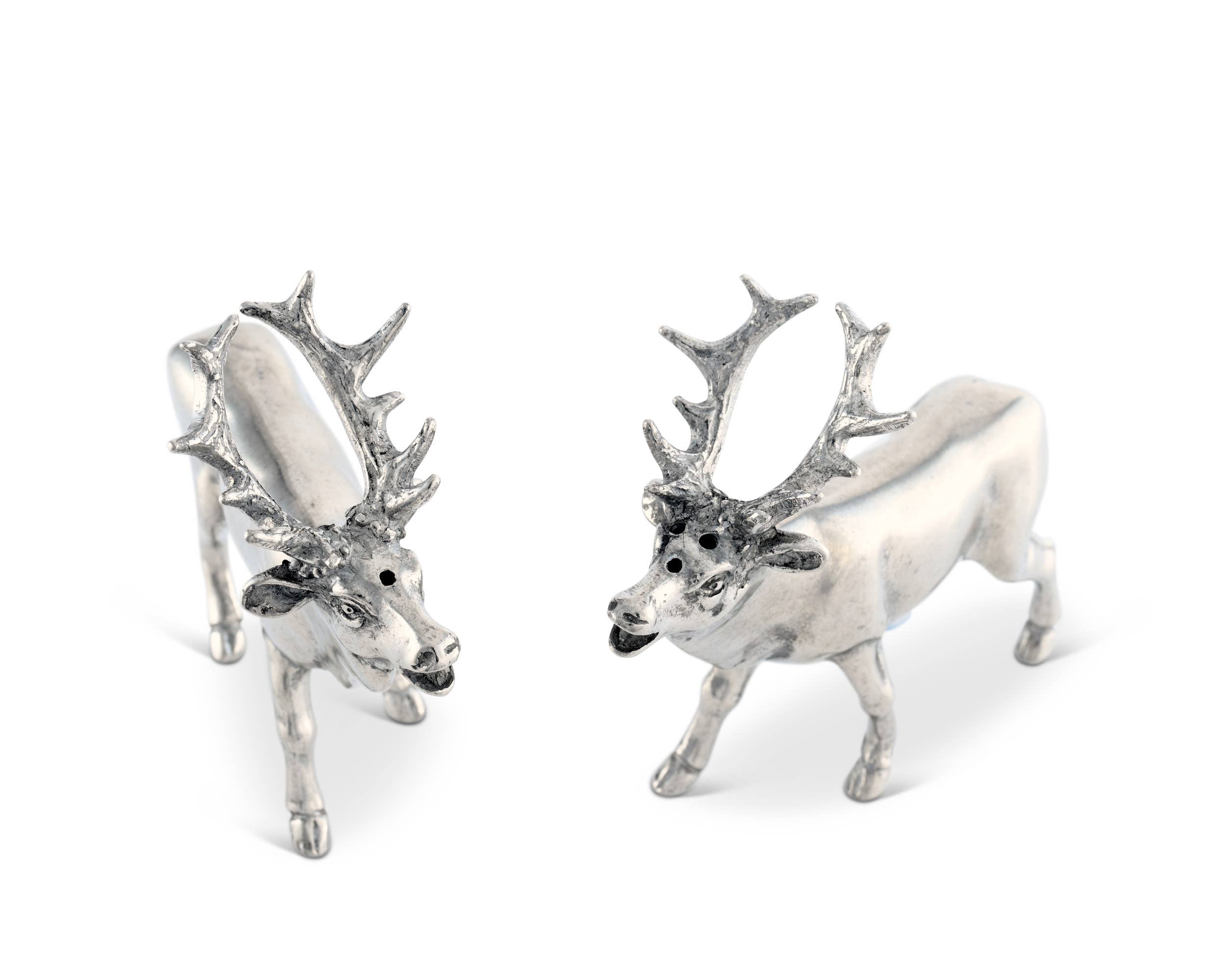 Pair of silver reindeer cufflinks on a white background