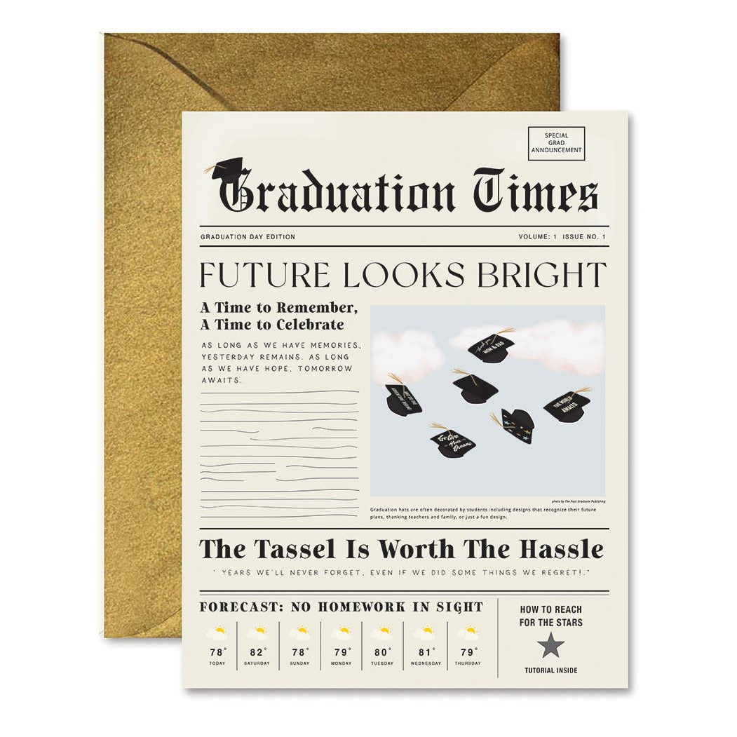 Graduation-themed newspaper with gold envelope on a white background
