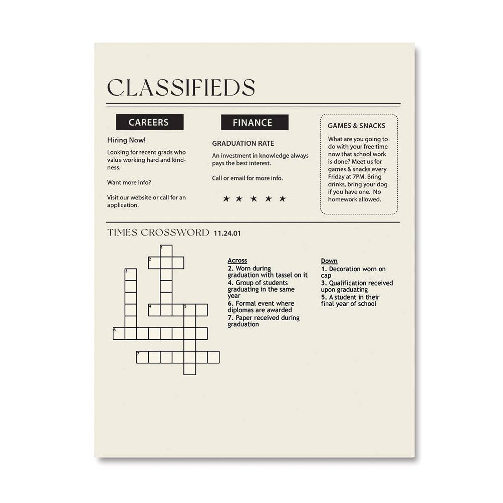Vintage-style classifieds page with a crossword puzzle on a white background