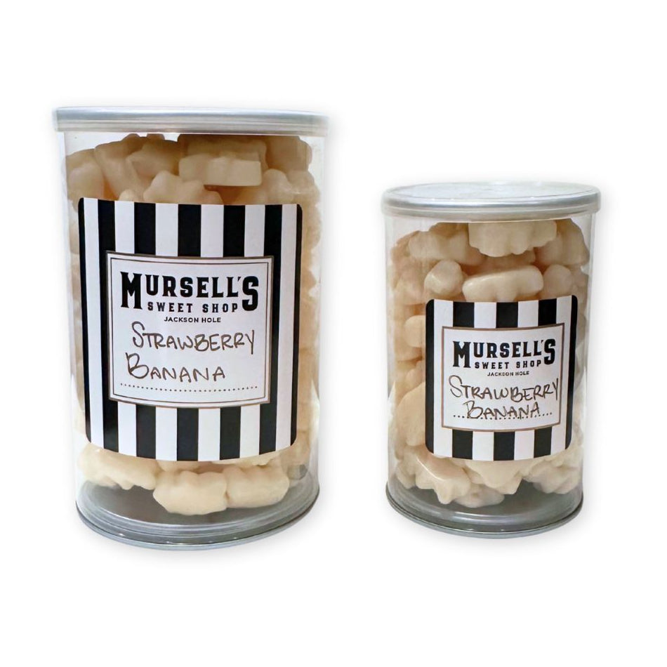 Small and large jars of strawberry banana flavored gummi bears, from Mursell's Sweet Shop.