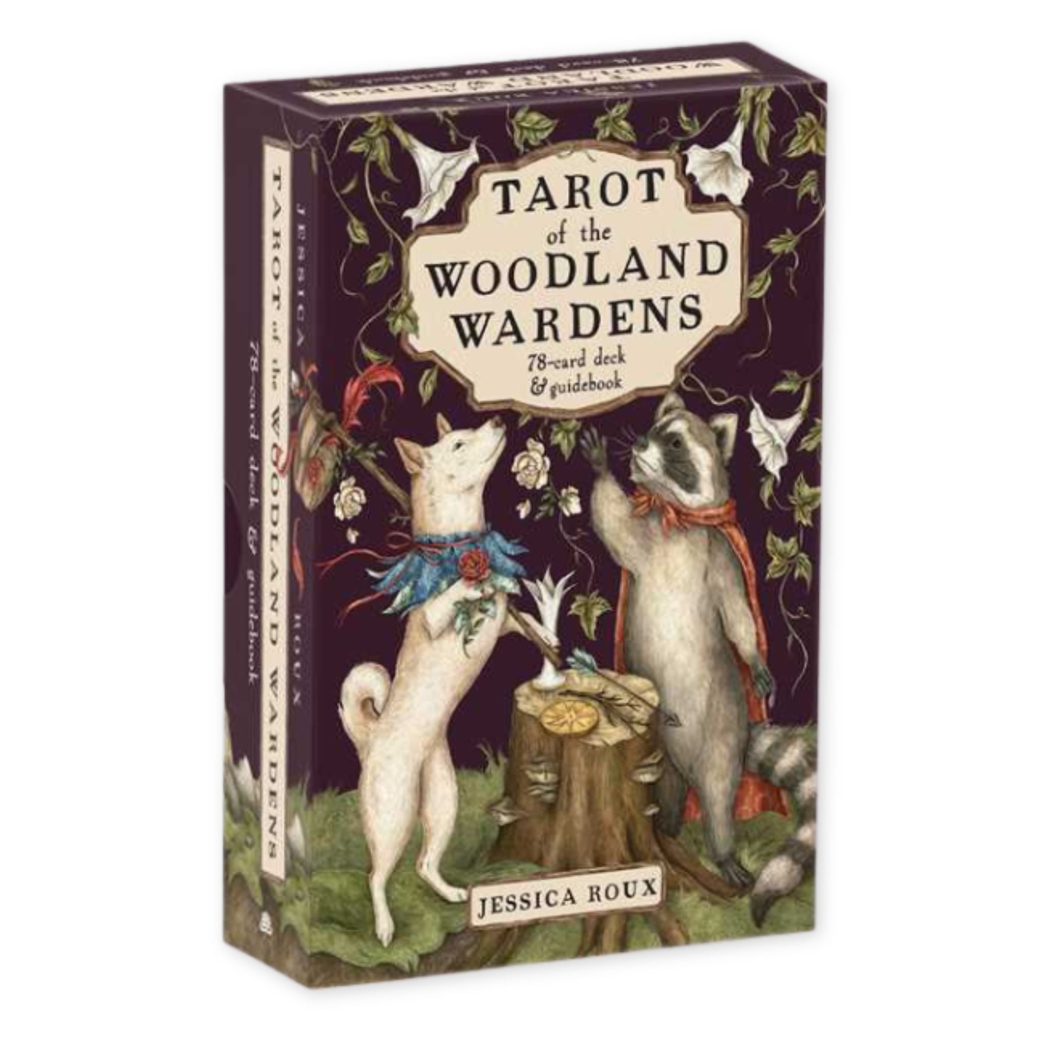 Tarot of the Woodland Wardens packaging with two animals around a stump on a purple background