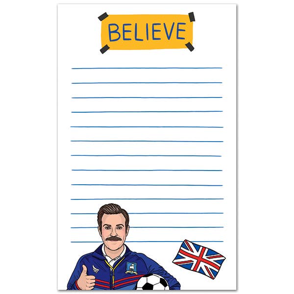 A lined notepad with a yellow 'BELIEVE' banner at the top and a cartoon illustration of a man in a blue tracksuit giving a thumbs-up, alongside a small Union Jack flag near the bottom.