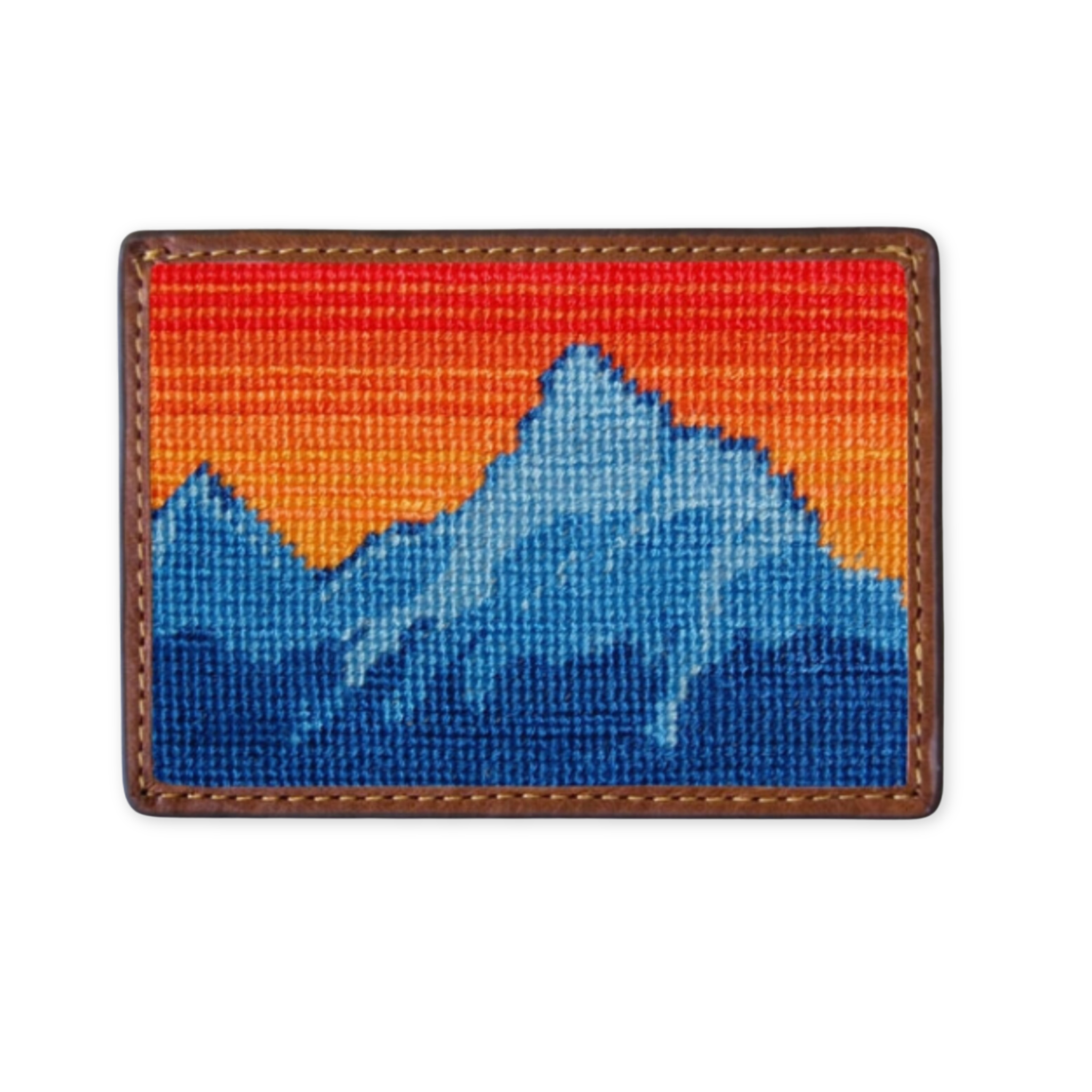 hand stitched needlepoint card holder with a mountain range design