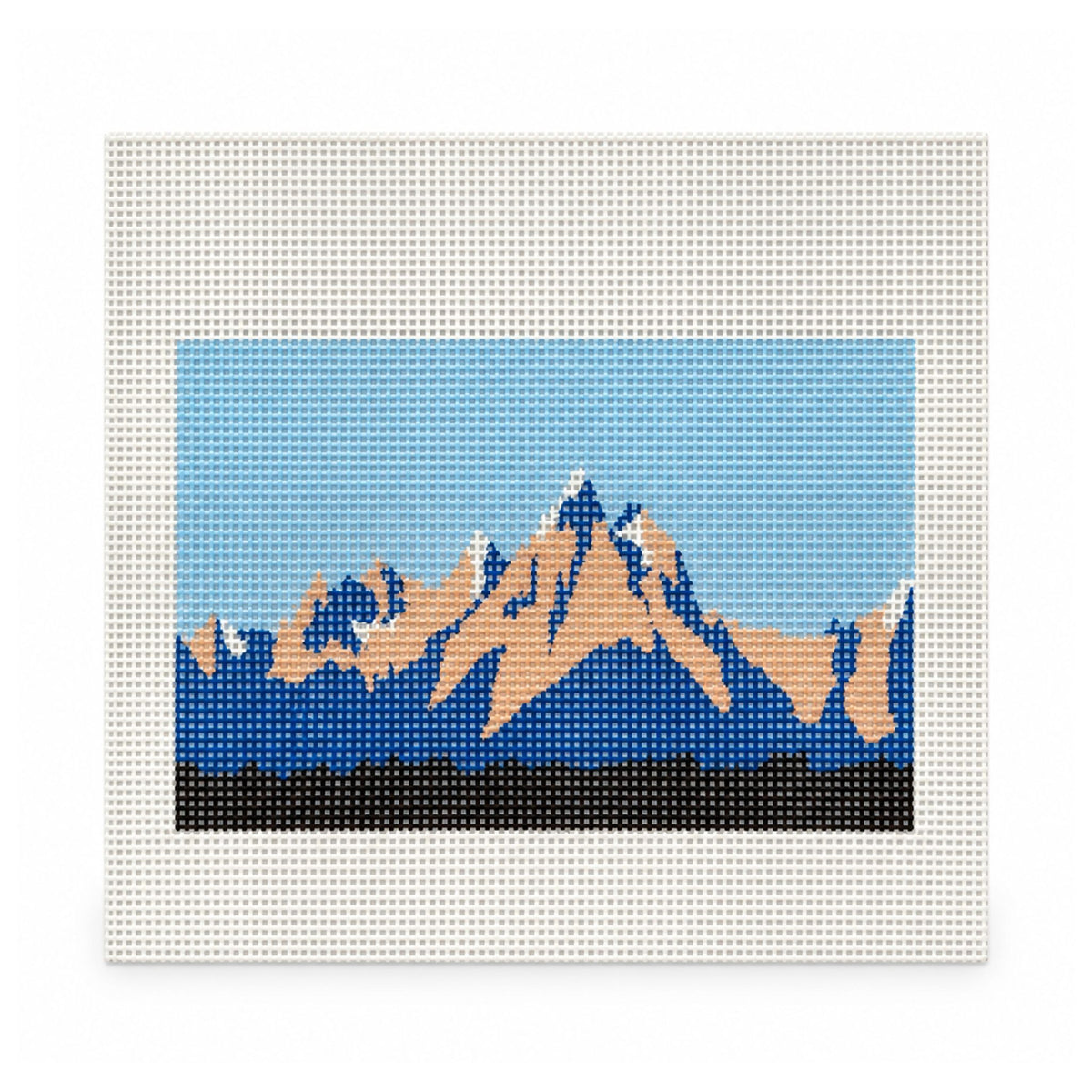 A square canvas print of a pixelated mountain landscape, featuring a light blue sky, tan and dark blue mountains, and a black foreground, displayed on a white grid background.