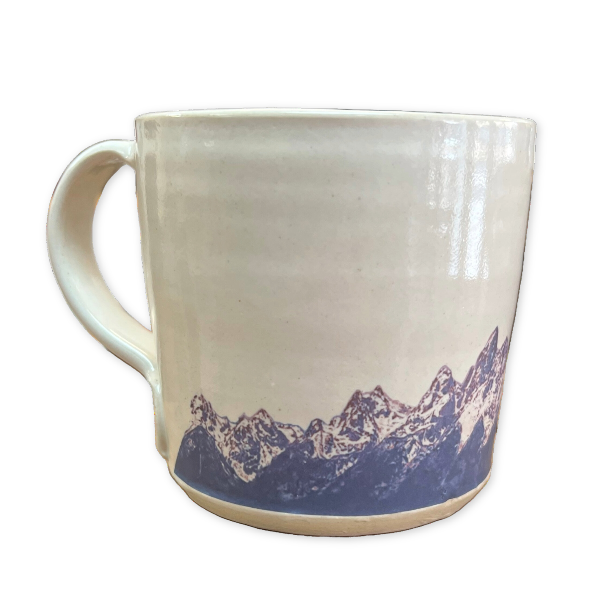 white ceramic mug with a printed image of the teton mountain range