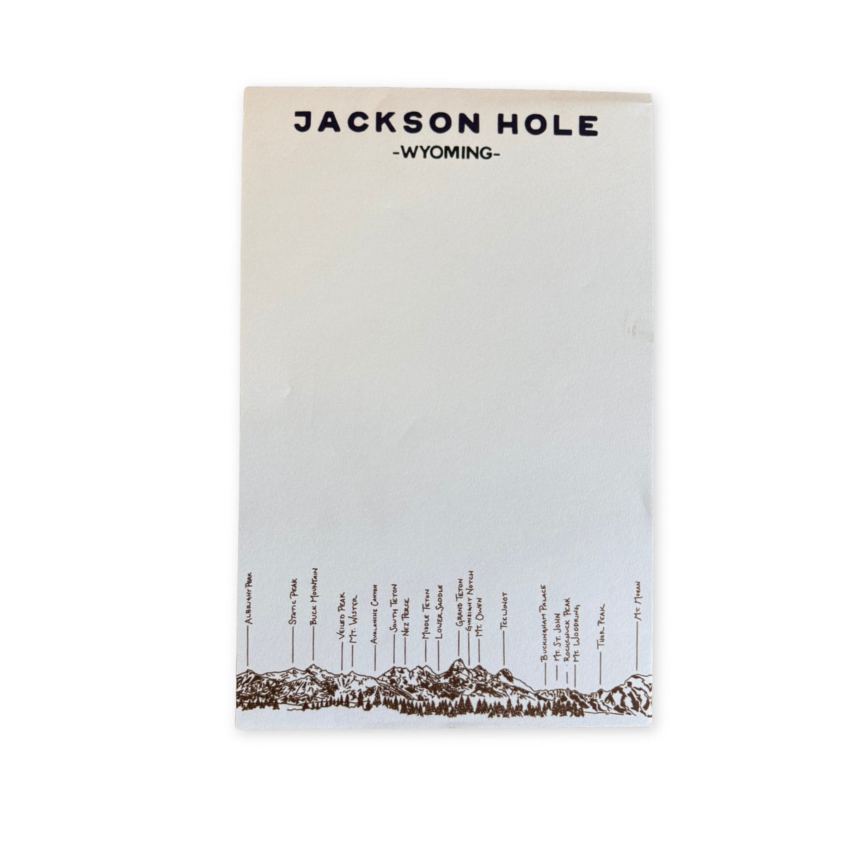 Jackson Hole peak names notepad by Jak Prints, a simple, practical notepad that keeps a piece of Jackson Hole close at hand