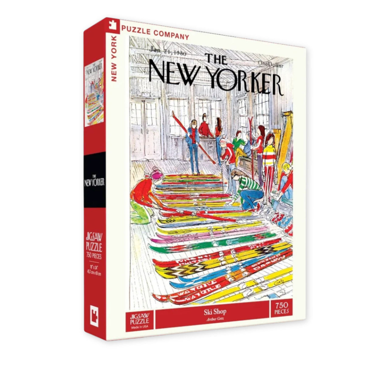 A 750-piece jigsaw puzzle box featuring a vintage New Yorker magazine cover illustration from January 1968, titled 'Ski Shop'. The box is white with a detailed multicolor illustration of people in a ski shop and red side panels with branding.
