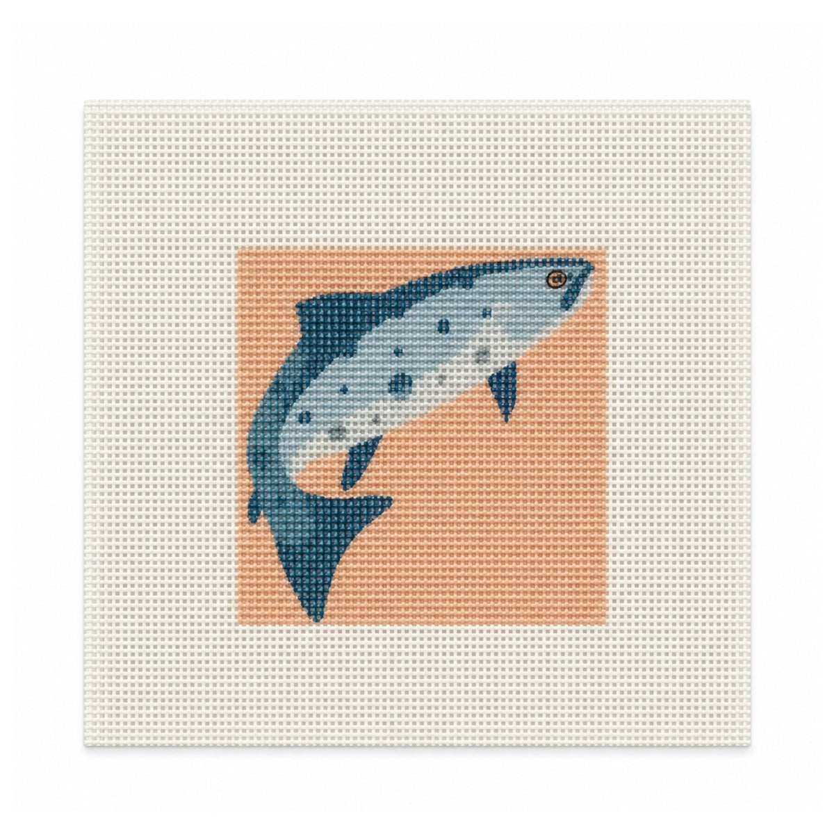 A square canvas art print featuring a stylized fish design stitched on a cream-colored A4 canvas background. The fish has a blue back and a light gray-white belly with small dark spots, set against a peach-colored square background.