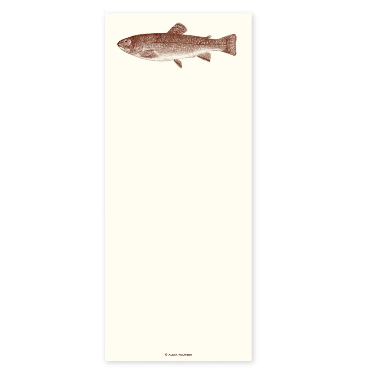 Trout Notepad a long list pad with a hand-drawn trout etching on ecru textured paper.