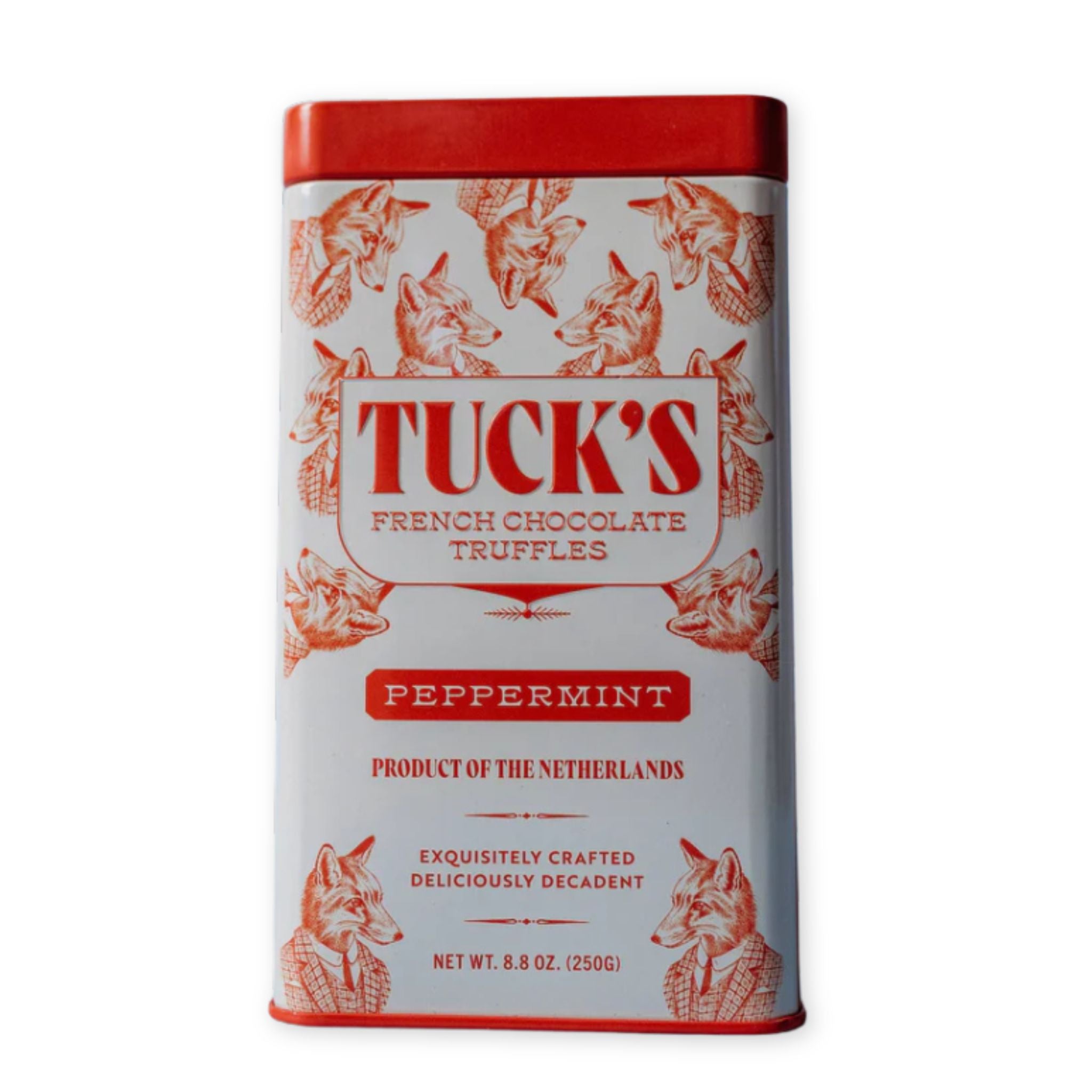 Tuck's French Chocolate Truffles peppermint tin with fox illustrations on a white background