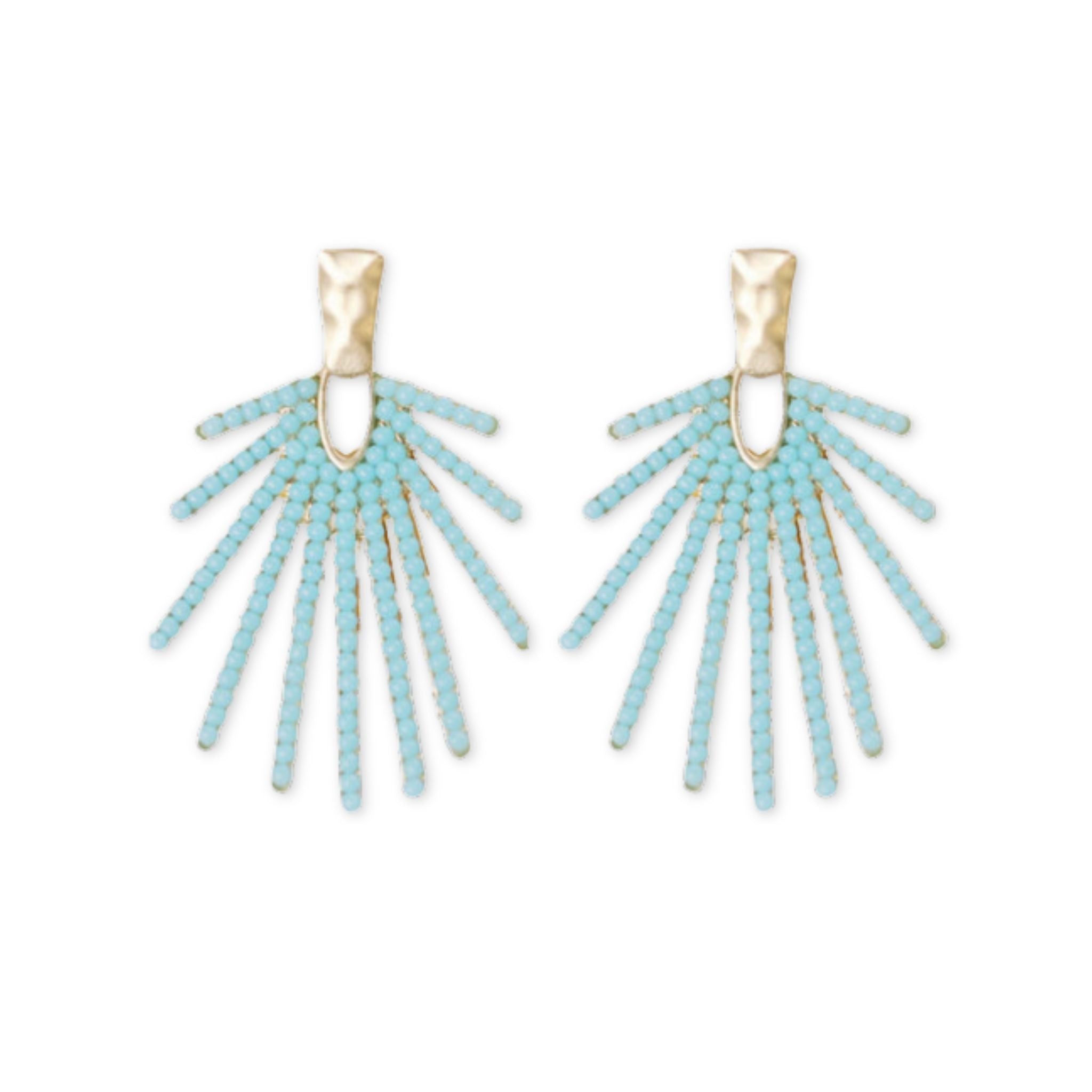 Pair of blue beaded earrings with gold accents on a white background