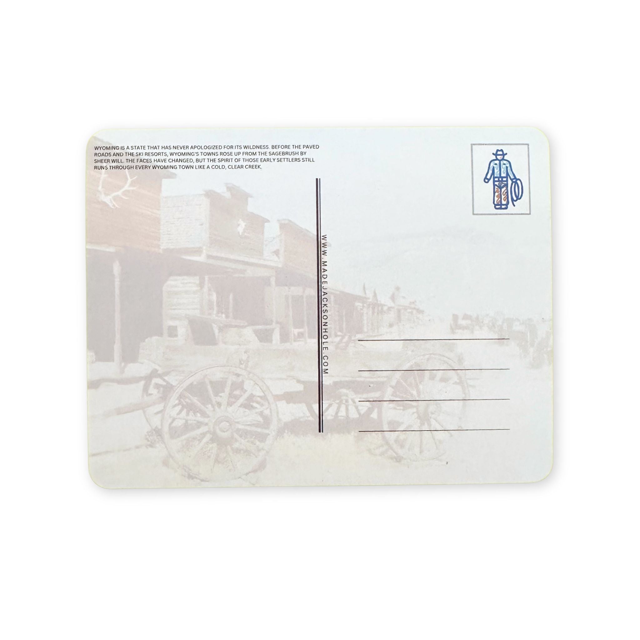 Vintage-style postcard with a steam locomotive and sender's information on a white background