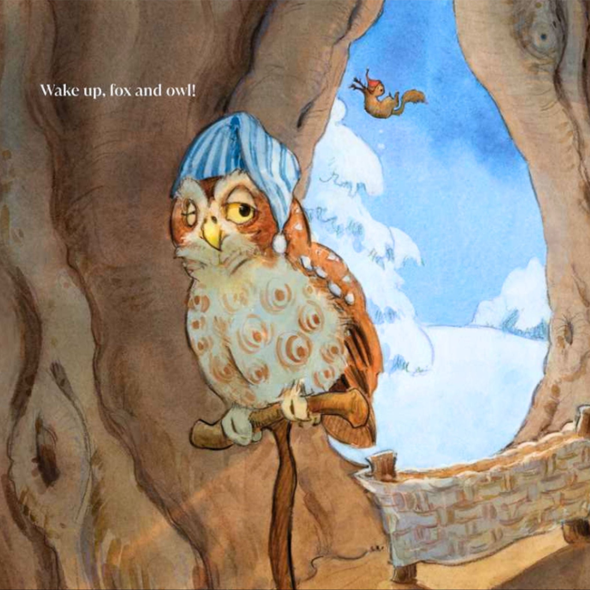 Illustration of an owl wearing a blue nightcap sitting inside a cave with a squirrel outside.