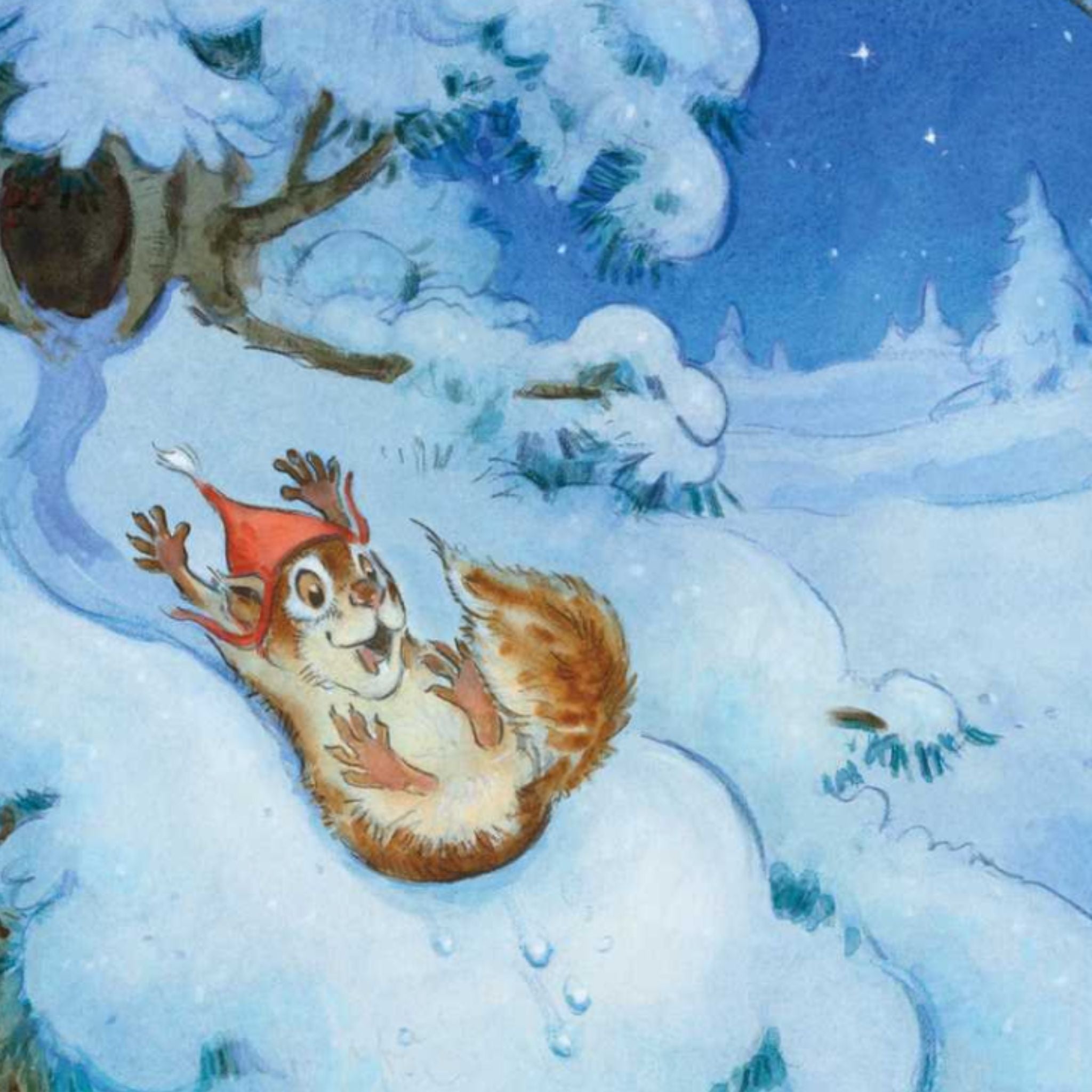 Illustration of a squirrel in a red hat falling through the snow with a snowy landscape in the background.