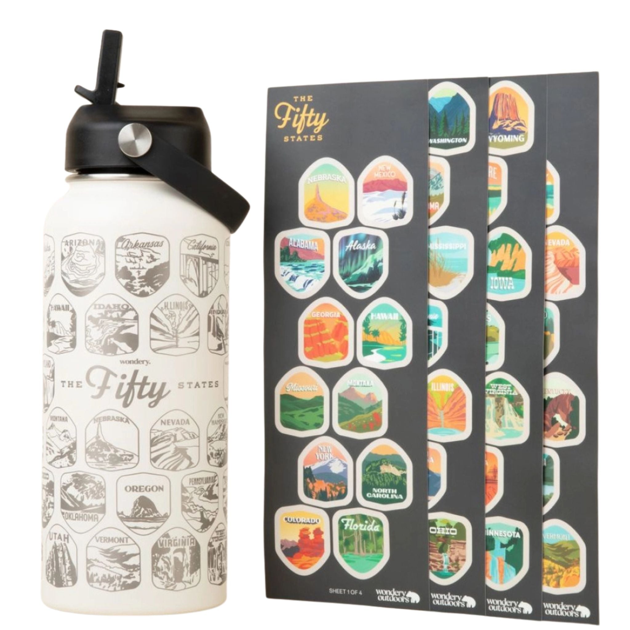 White water bottle with black lid and 'The Fifty' design, next to a box of 'The Fifty' themed stickers.