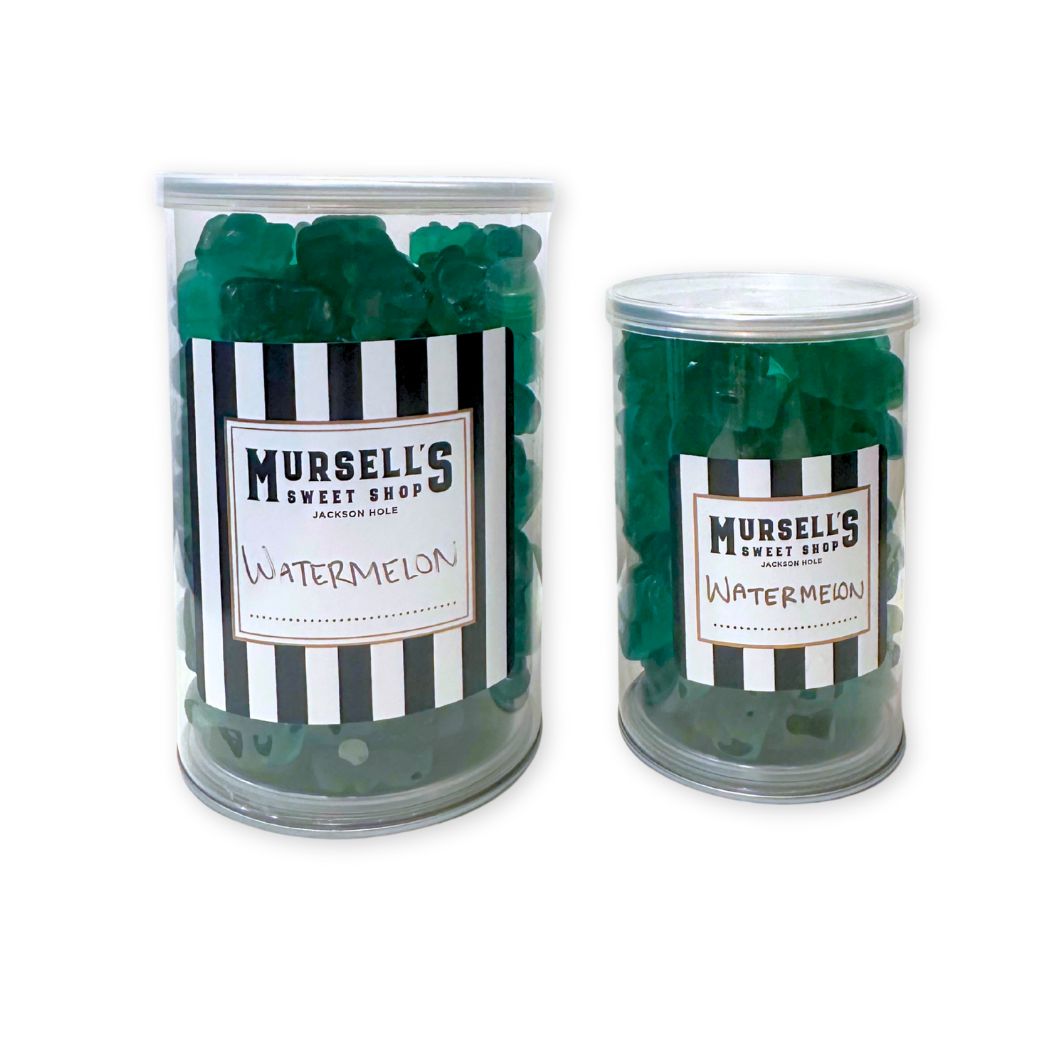 Two jars of Mursell's Watermelon gummy bears on a white background