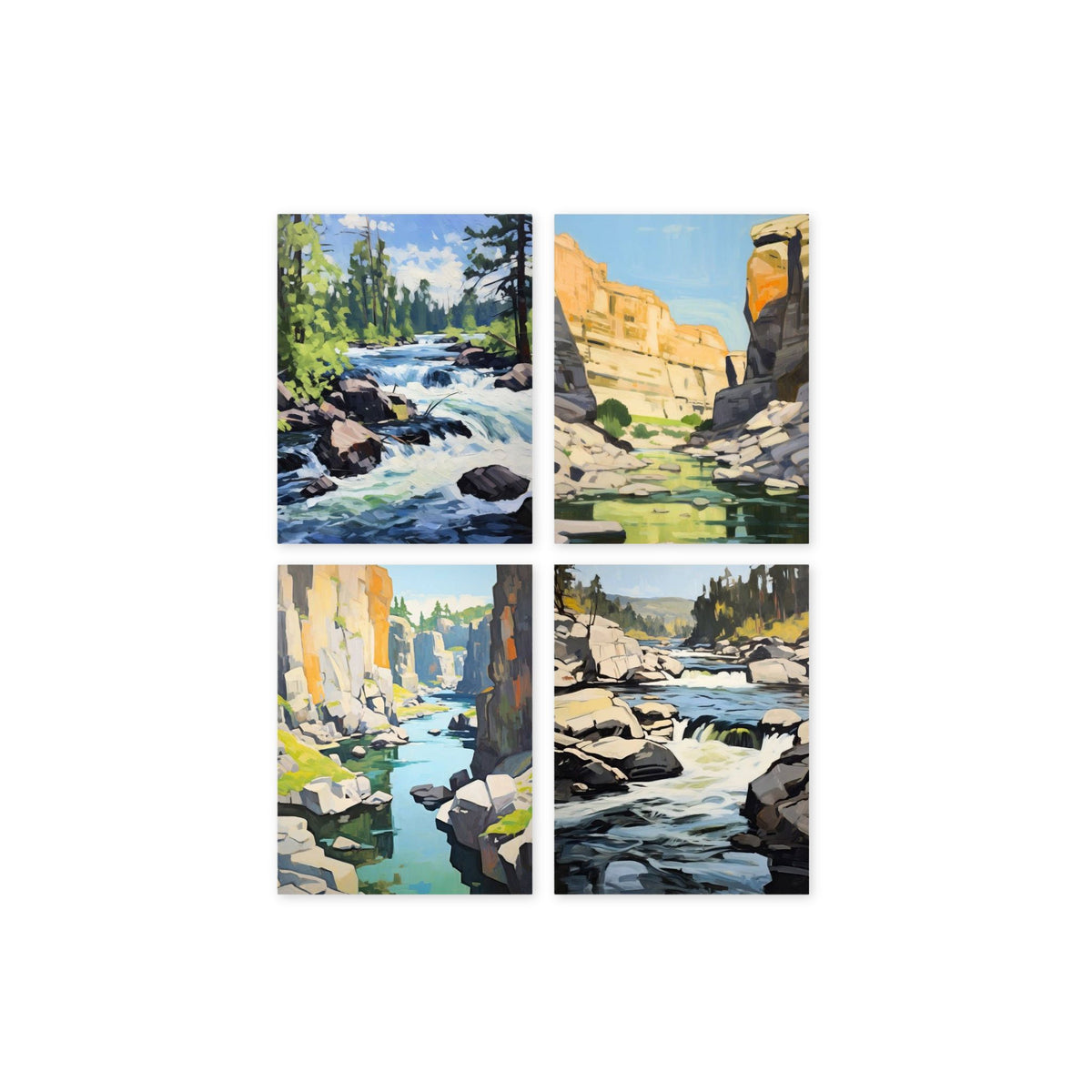Box set of four square landscape art prints showing different scenic river and canyon paintings.