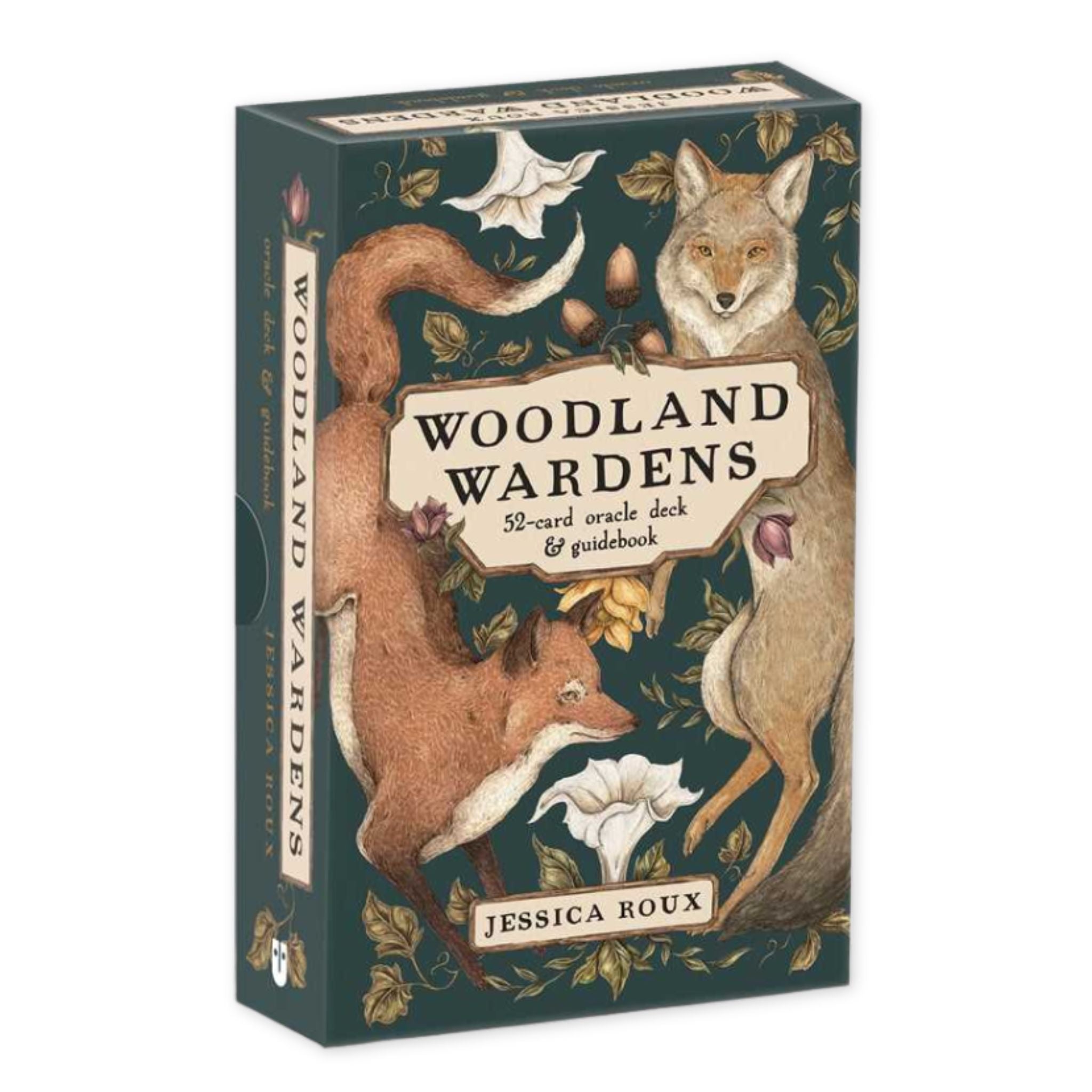 Woodland Wardens oracle deck packaging with foxes and flowers on a dark background