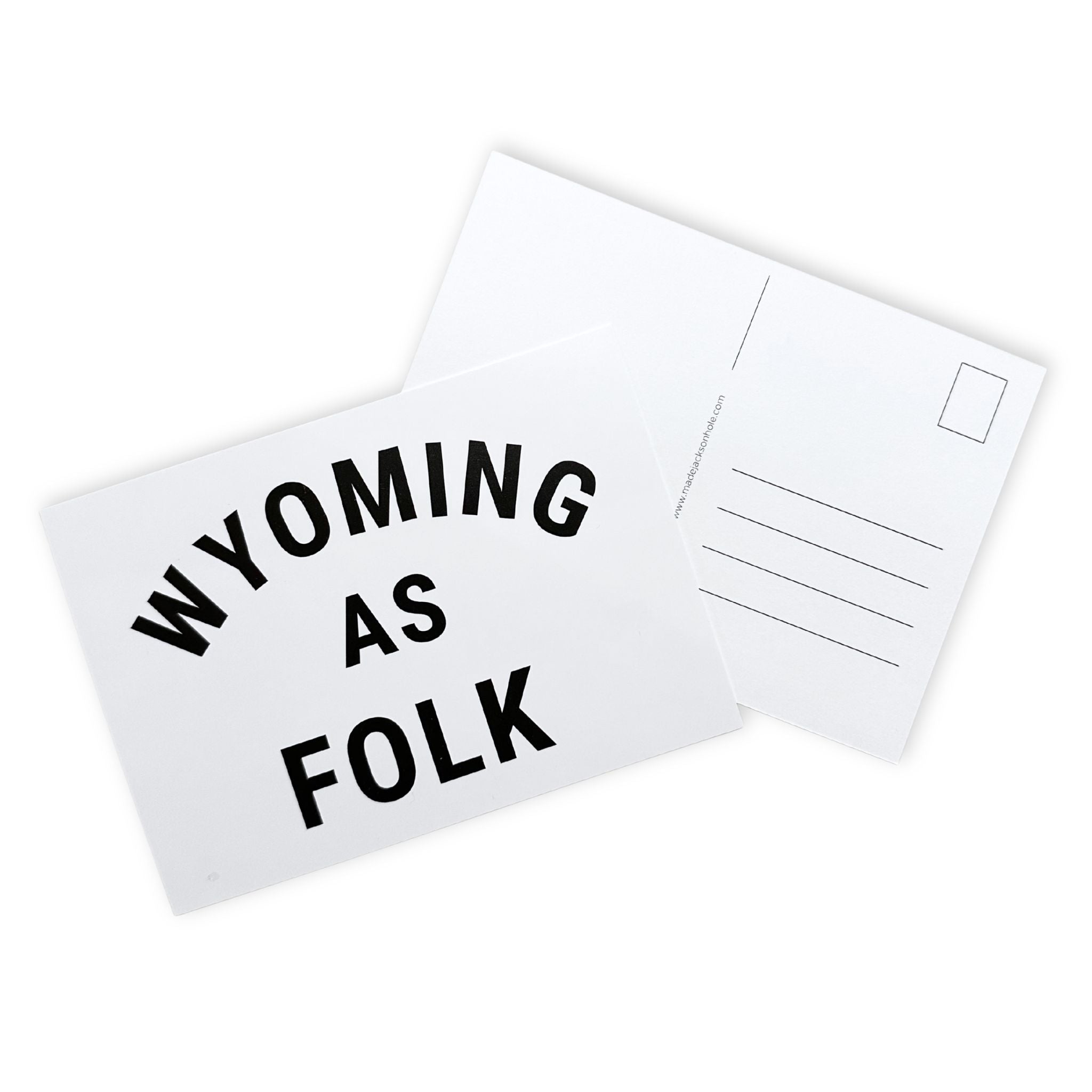 White postcard with 'Wyoming as Folk' text on a white background