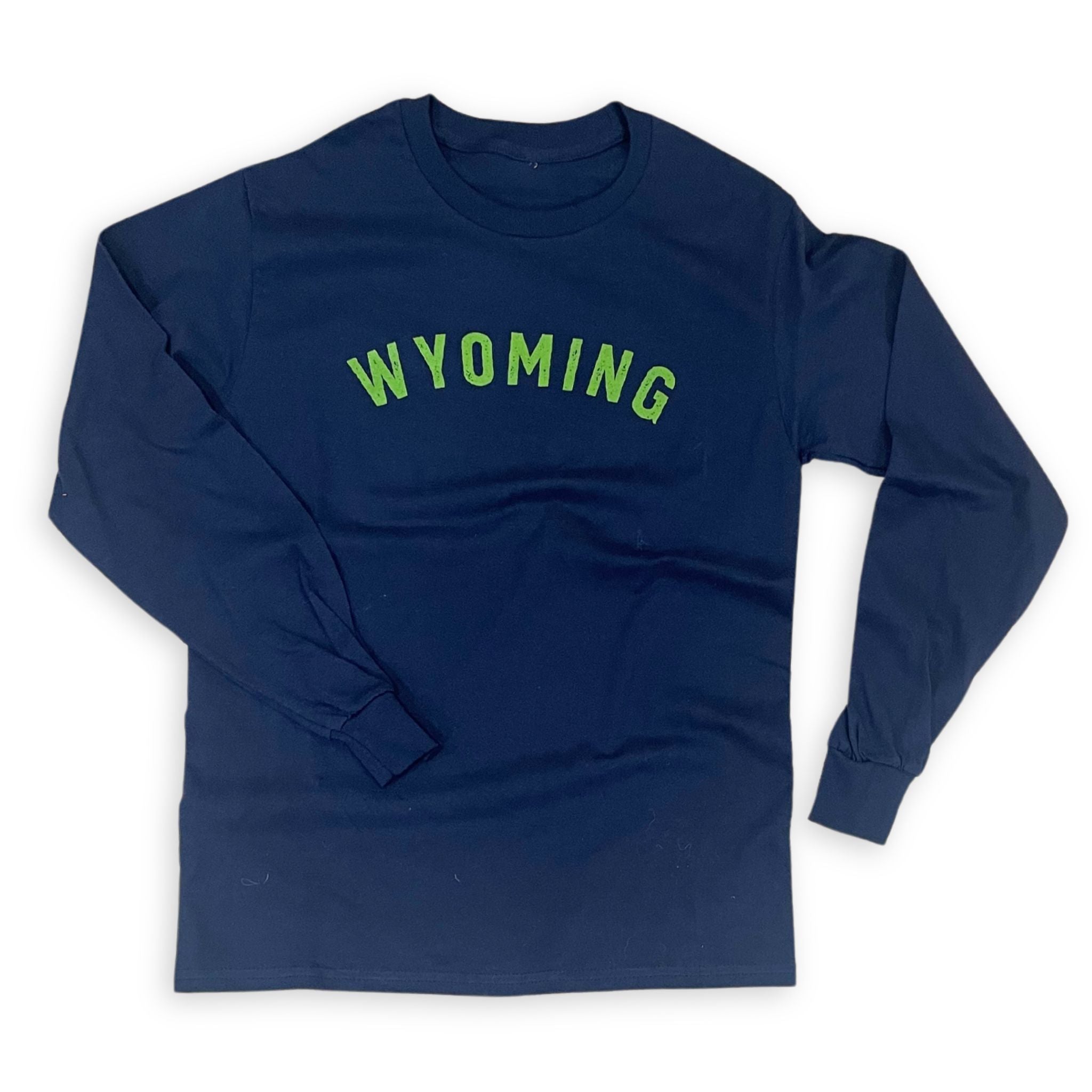 Navy long sleeve shirt with 'Wyoming' printed in green letters across the chest.