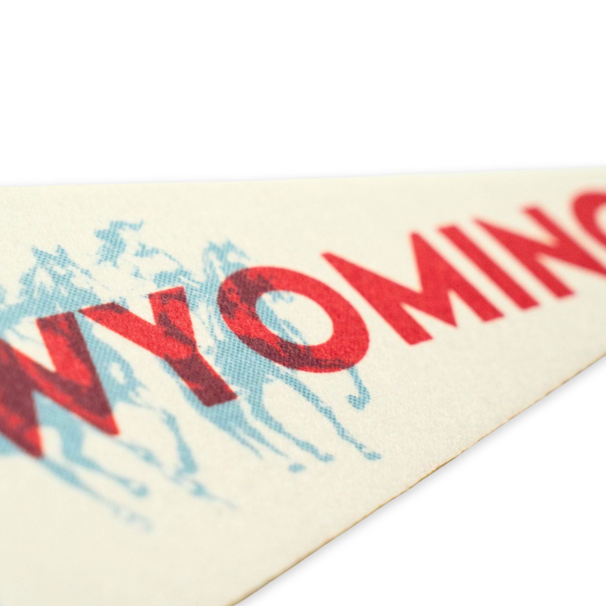 Close-up of a Wyoming-themed product with red text and blue graphics on a beige background