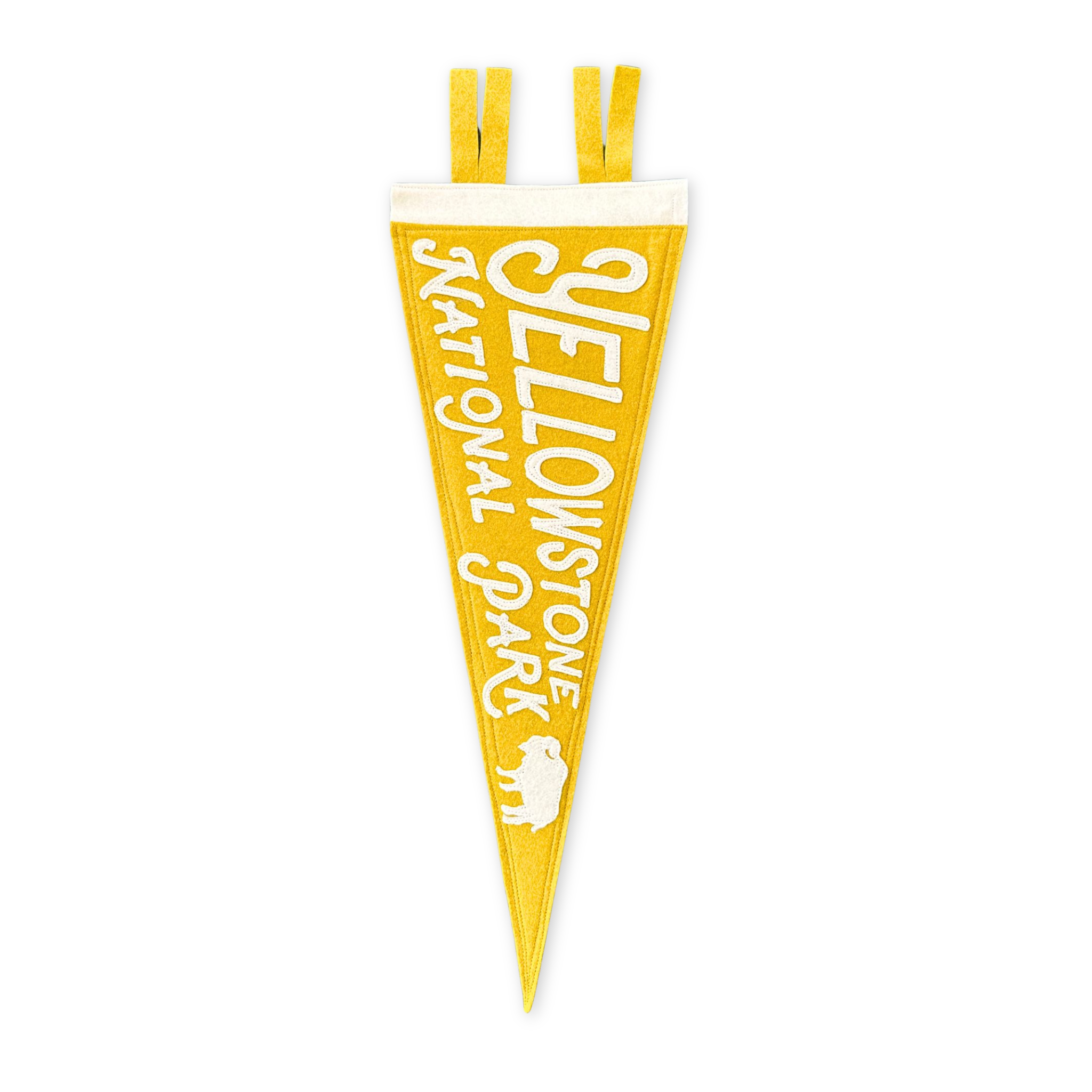 stitched felt pennant featuring a small bison and the words yellowstone national park