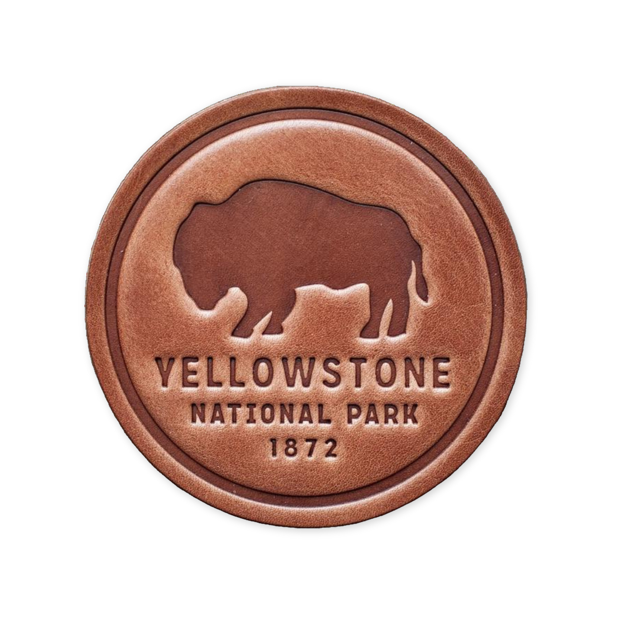 hand cut leather coaster with a bison and yellowstone national park design