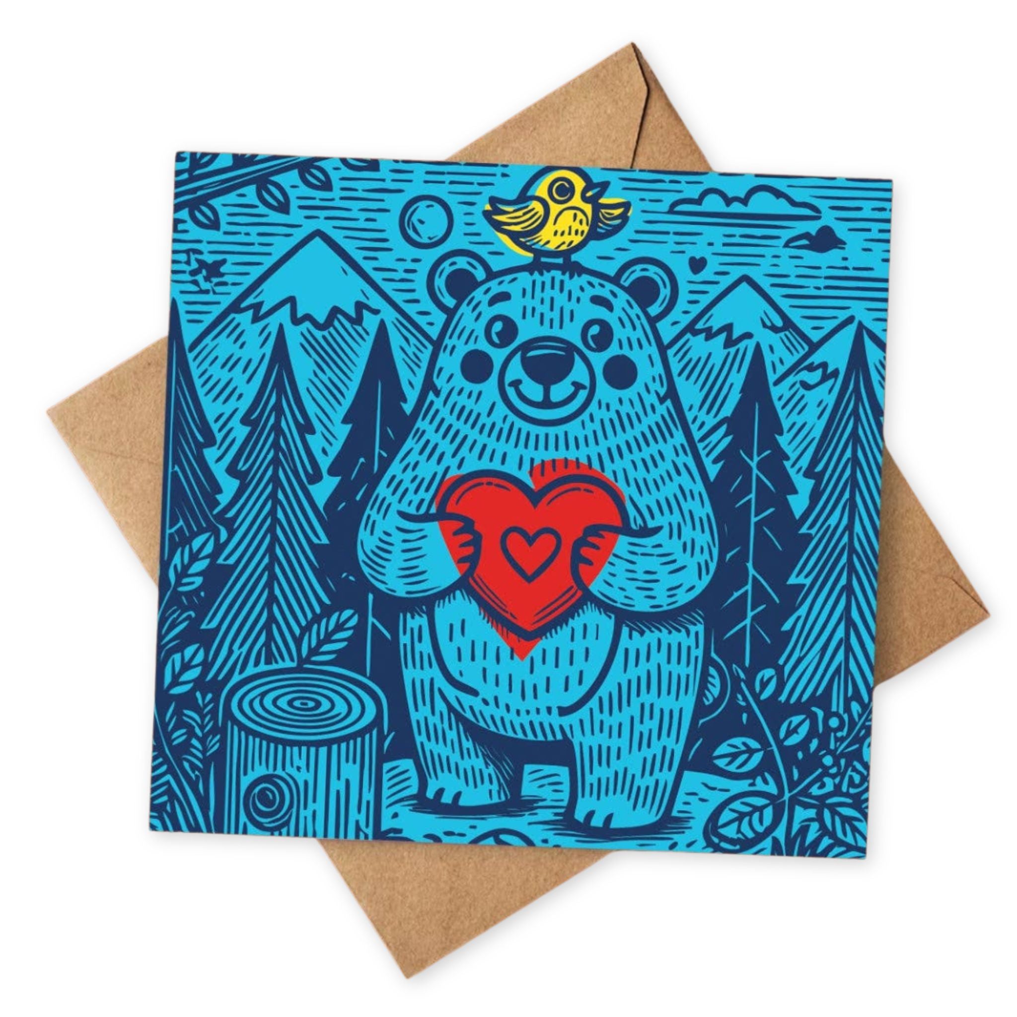 Card with bear holding a heart and a bird, set against a forest background, with a brown envelope.